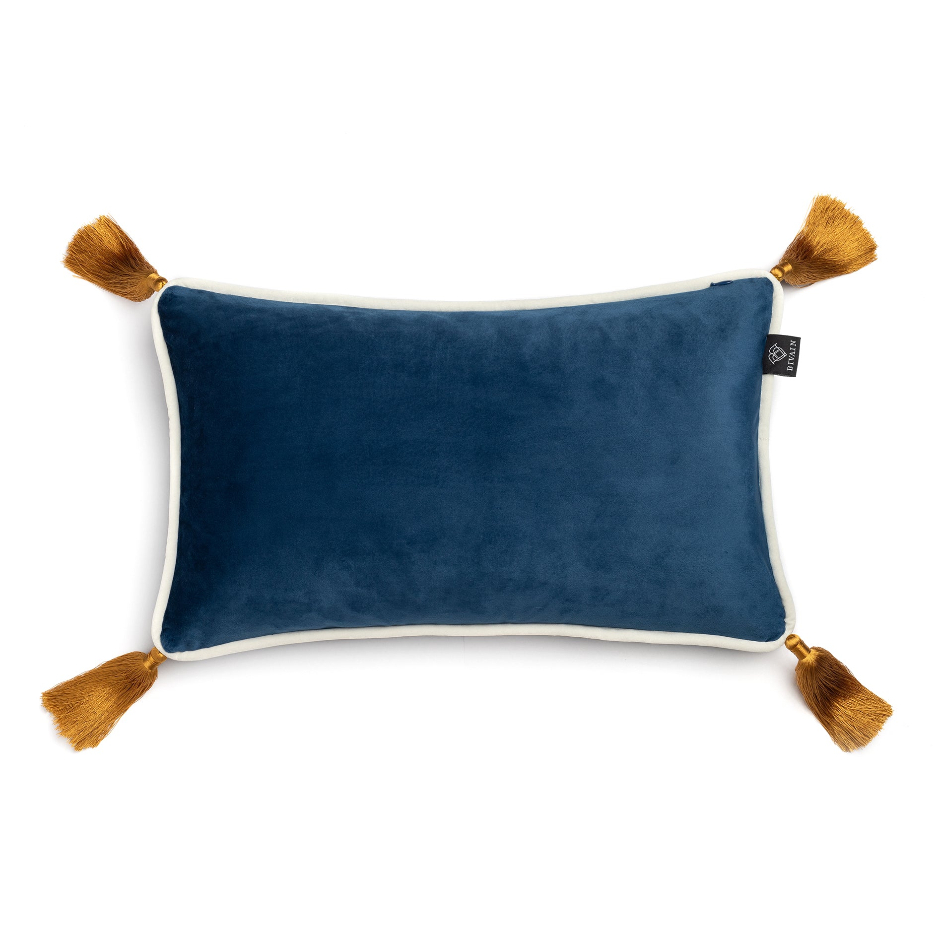 Navy Blue Velvet Rectangular Cushion with Ochre Tassels