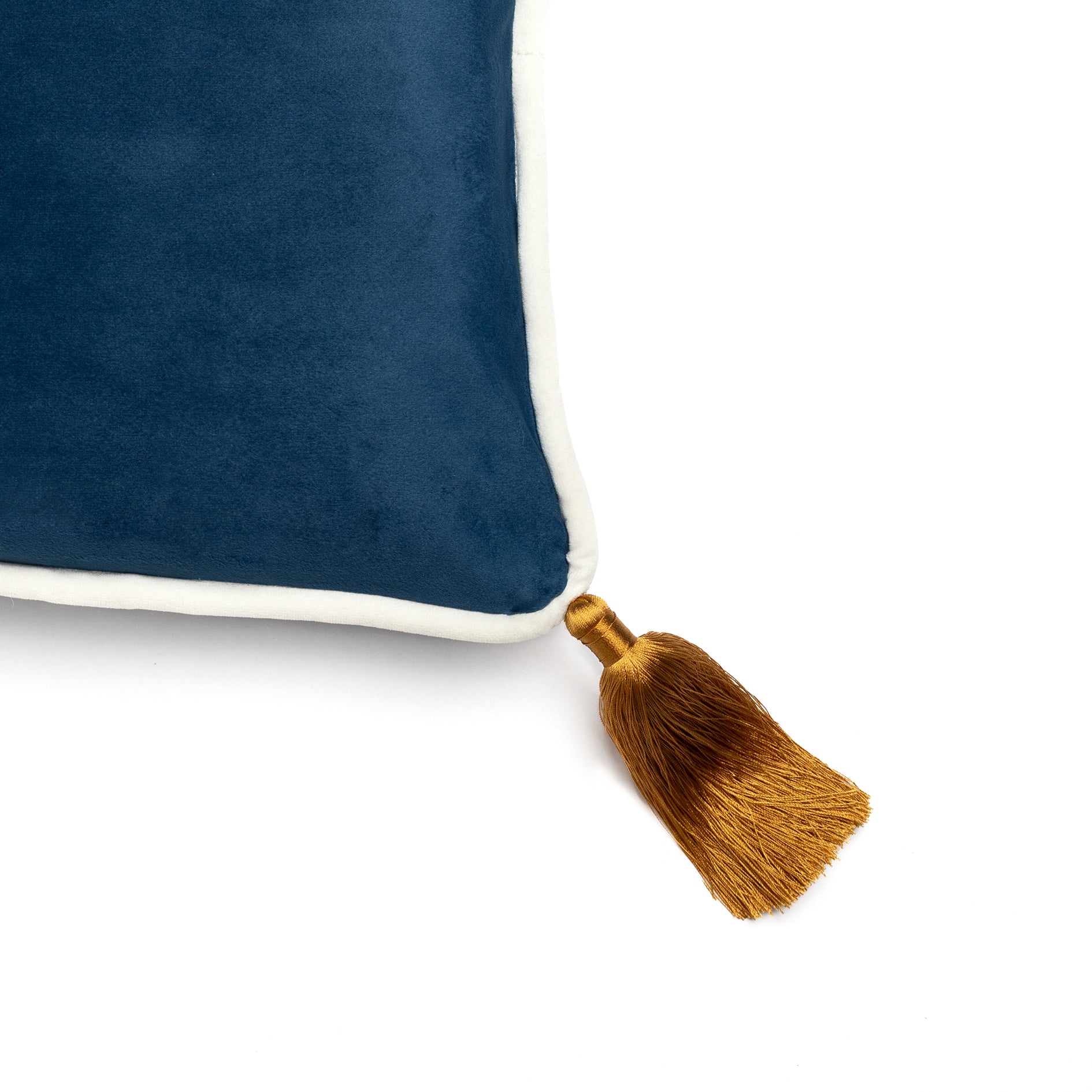 Navy Blue Velvet Rectangular Cushion with Ochre Tassels
