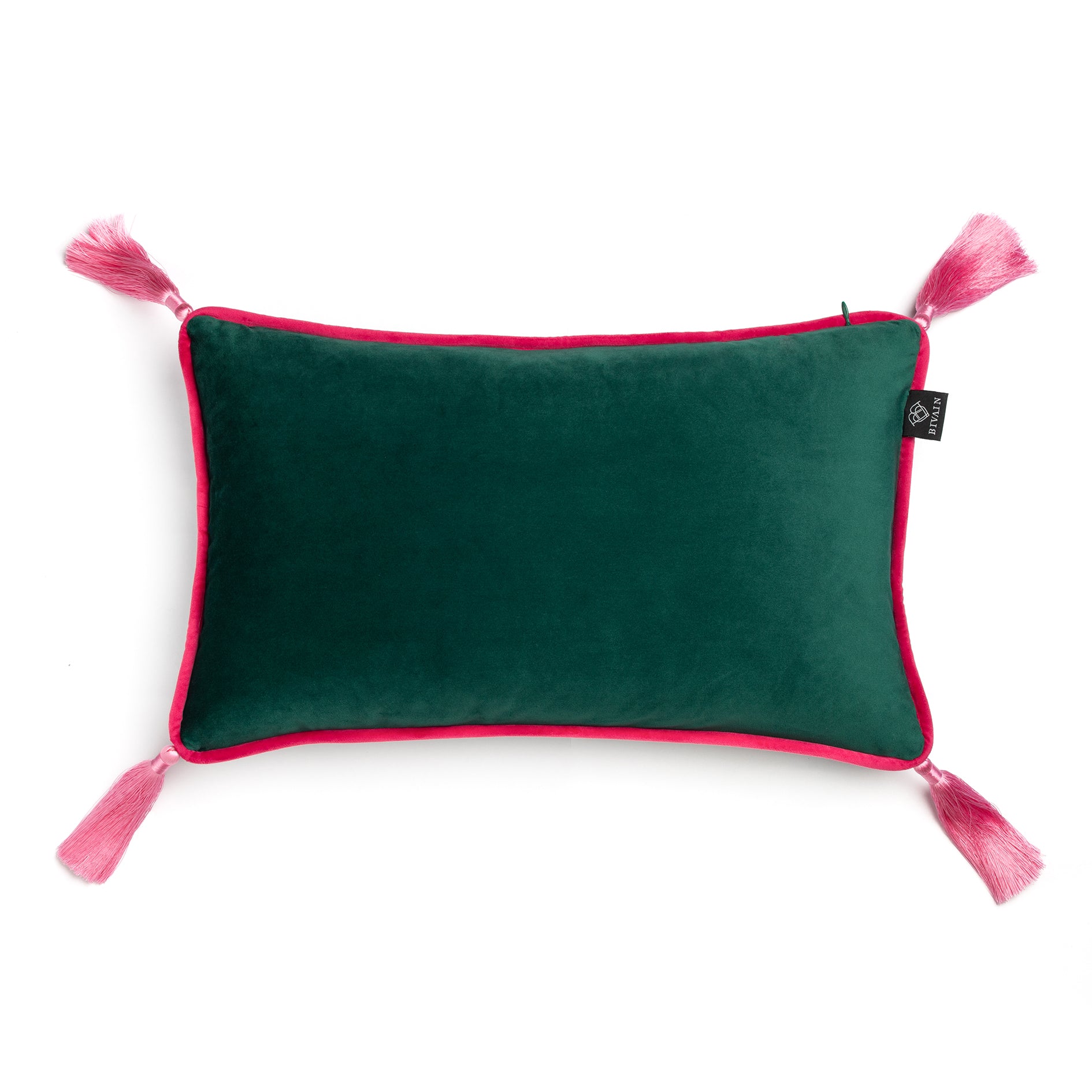 Green Velvet Rectangular Cushion with Pink Tassels