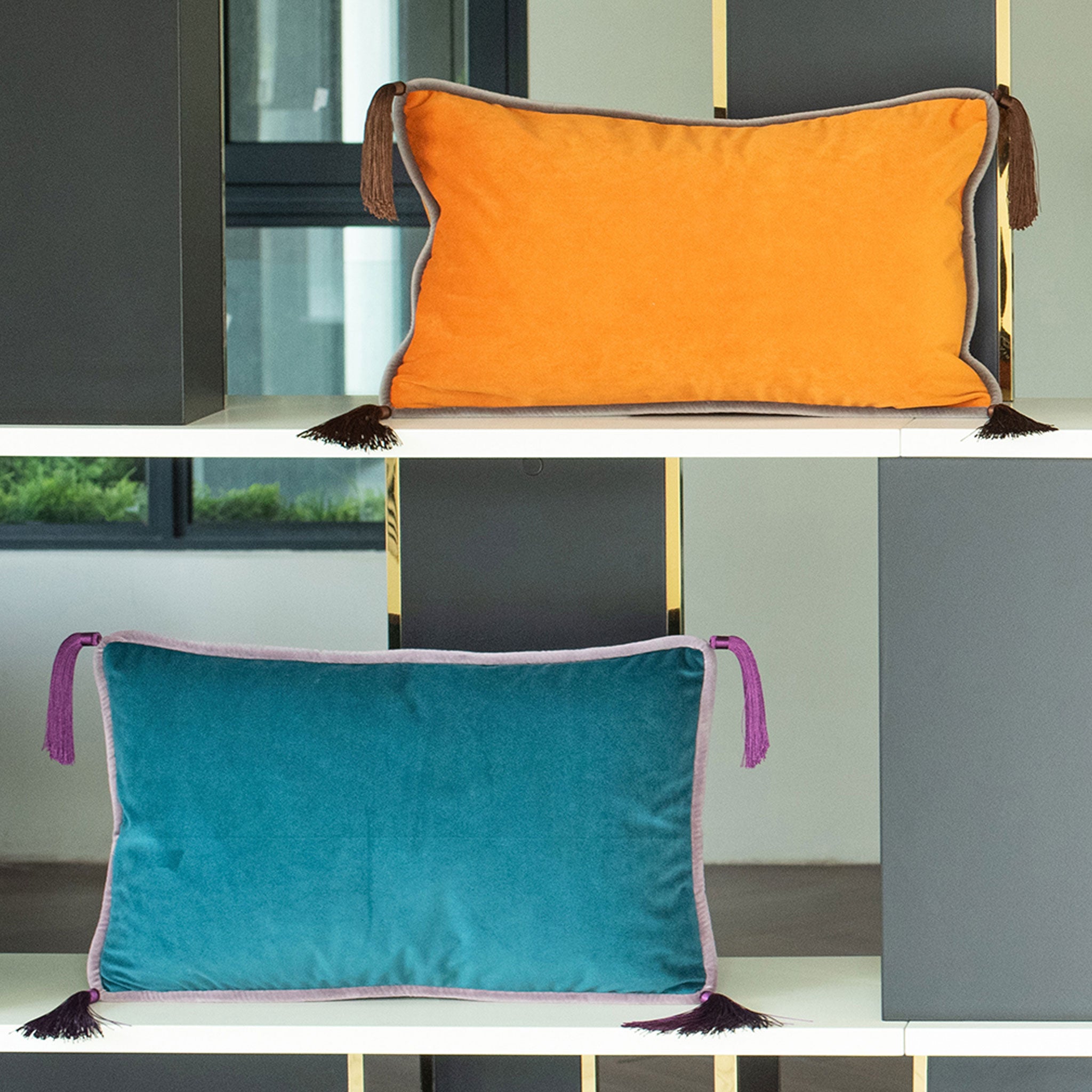 Apricot Orange Velvet Rectangular Cushion with Tassels