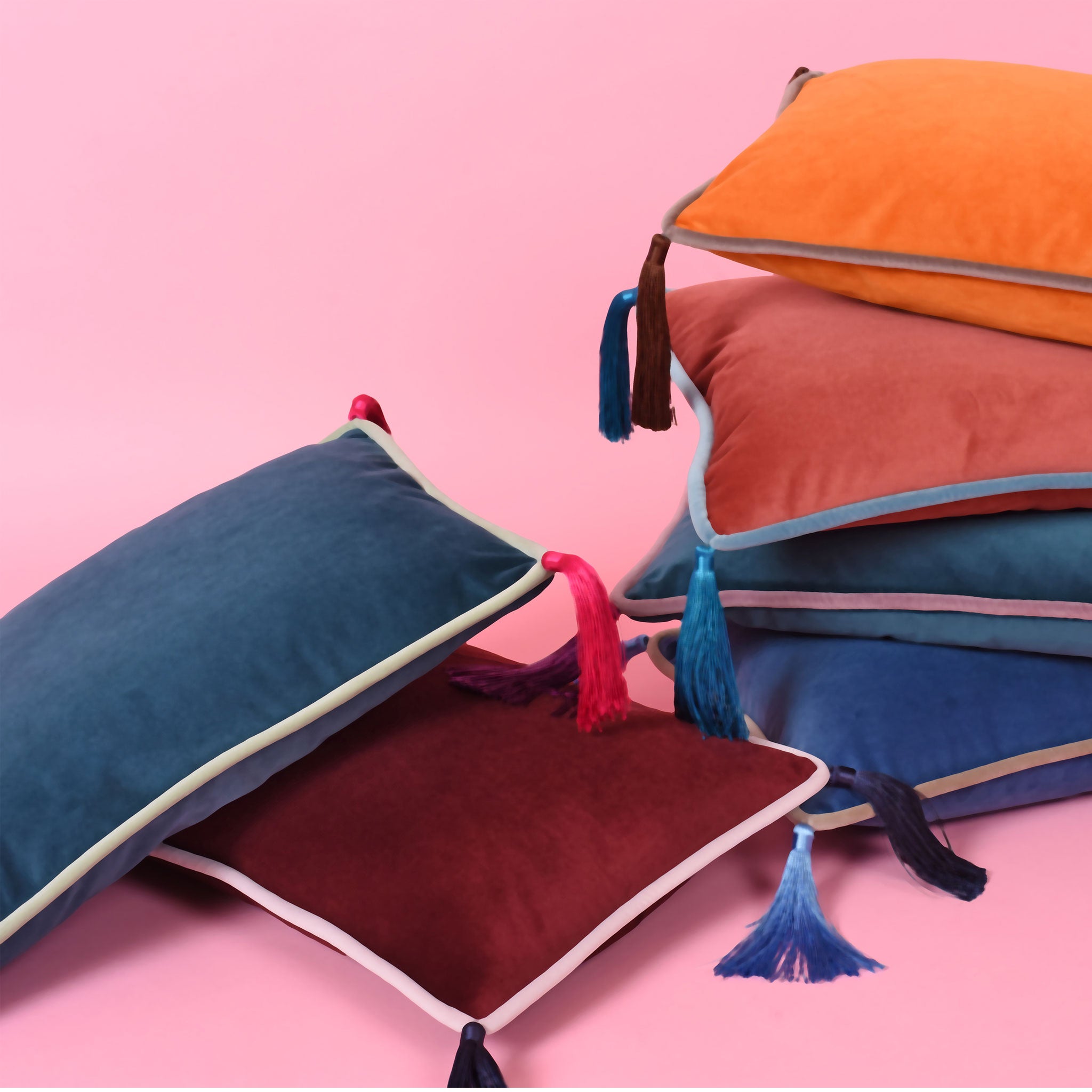 Apricot Orange Velvet Rectangular Cushion with Tassels