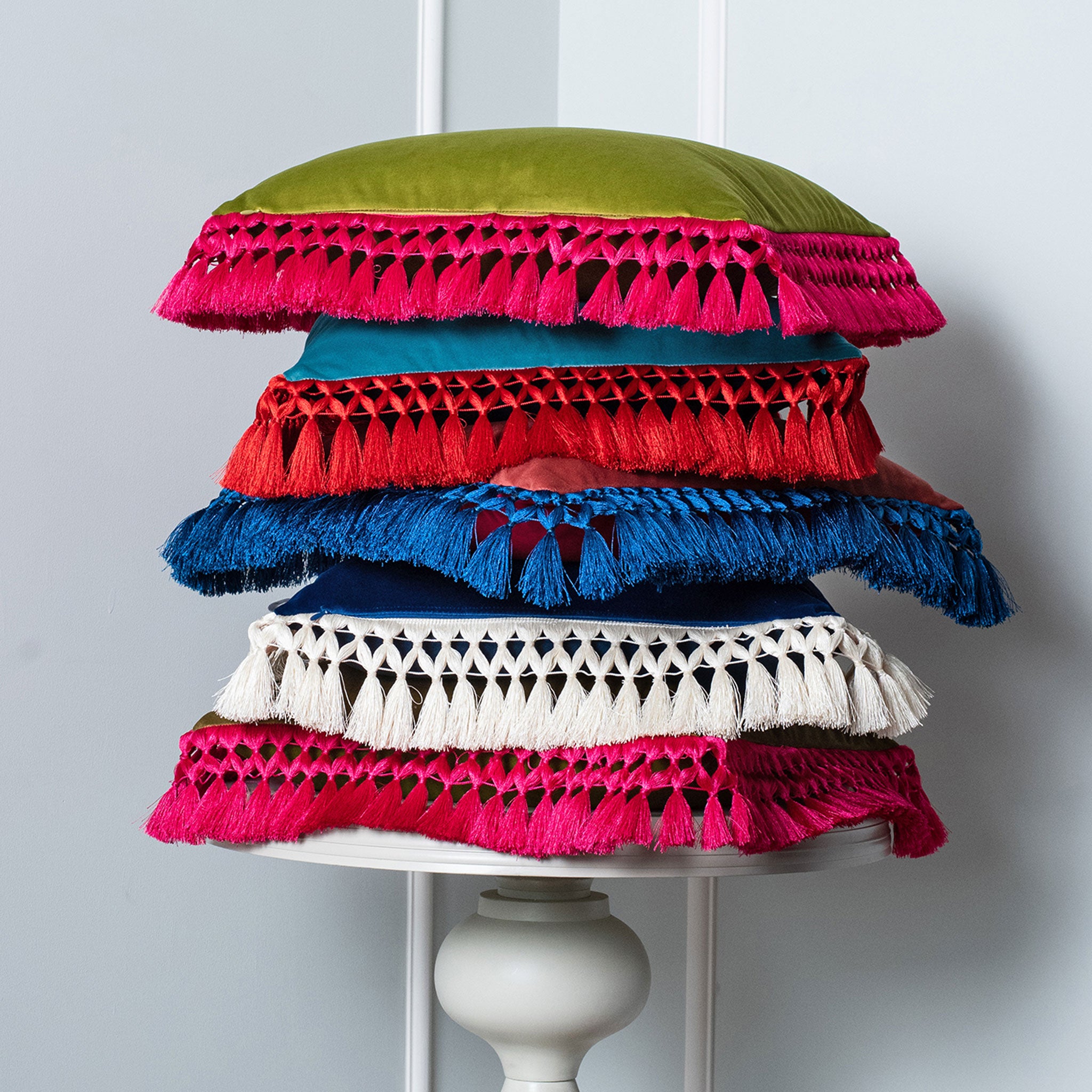 Teal & Turquoise Oriental Velvet Cushion with Coral Fringe