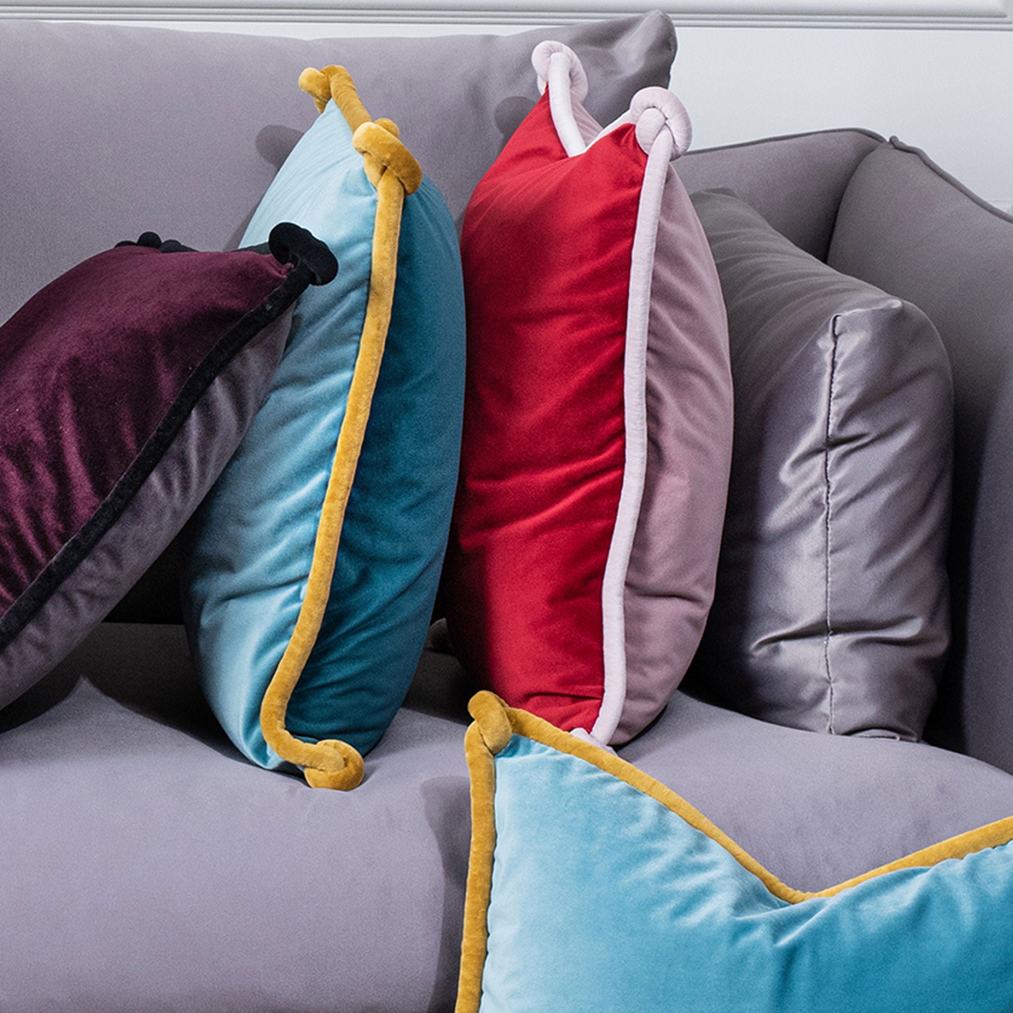 Teal & Ocean Blue Velvet Cushion with Yellow Knotted Piping