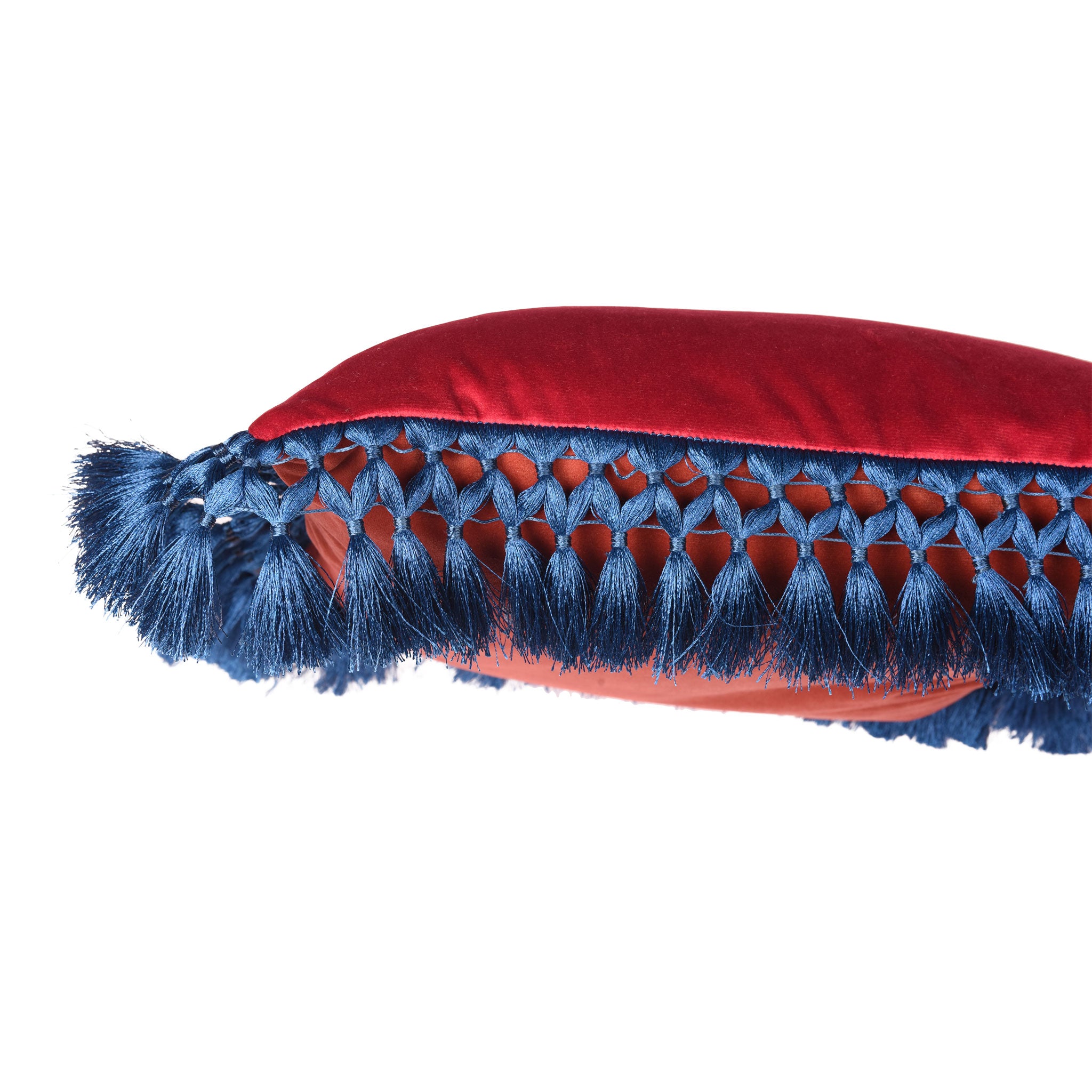 Ruby & Blush Oriental Velvet Cushion with Blue Fringe
