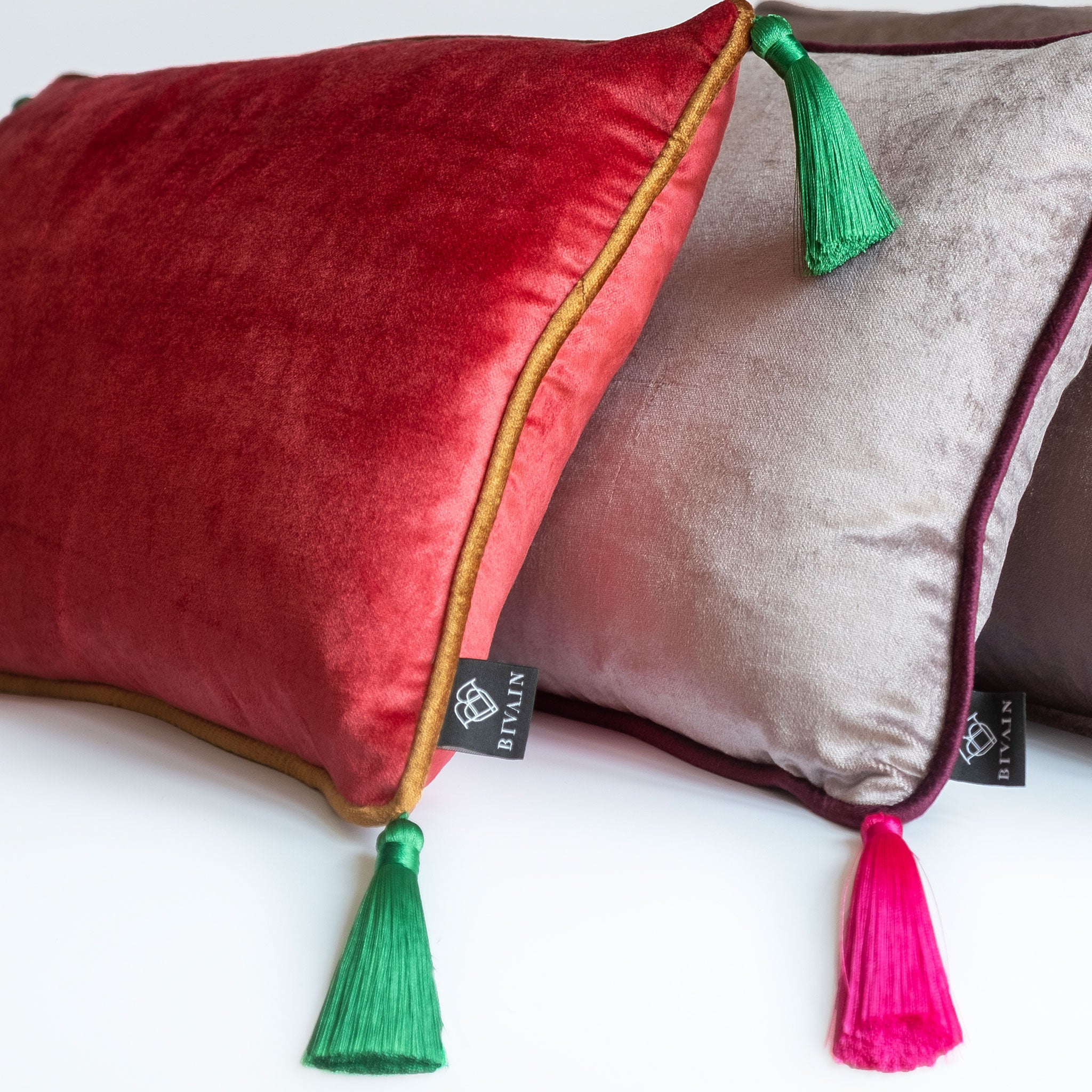 Silver Velvet Rectangular Cushion with Pink Tassels