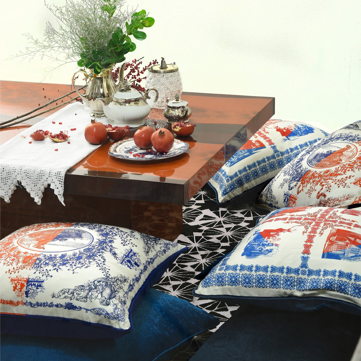 Silk twill & velvet foliage print large floor cushion - Bivain - 2