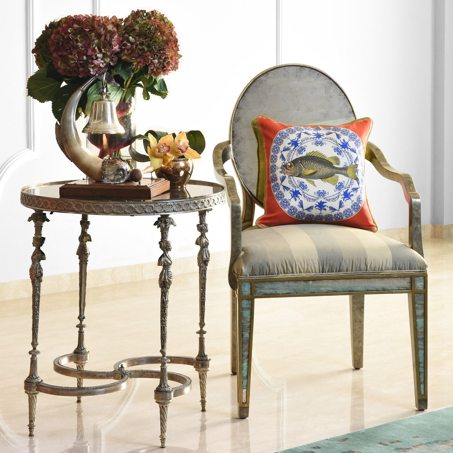 Silk twill and velvet red porcelain and fish print cushion - Bivain - 2