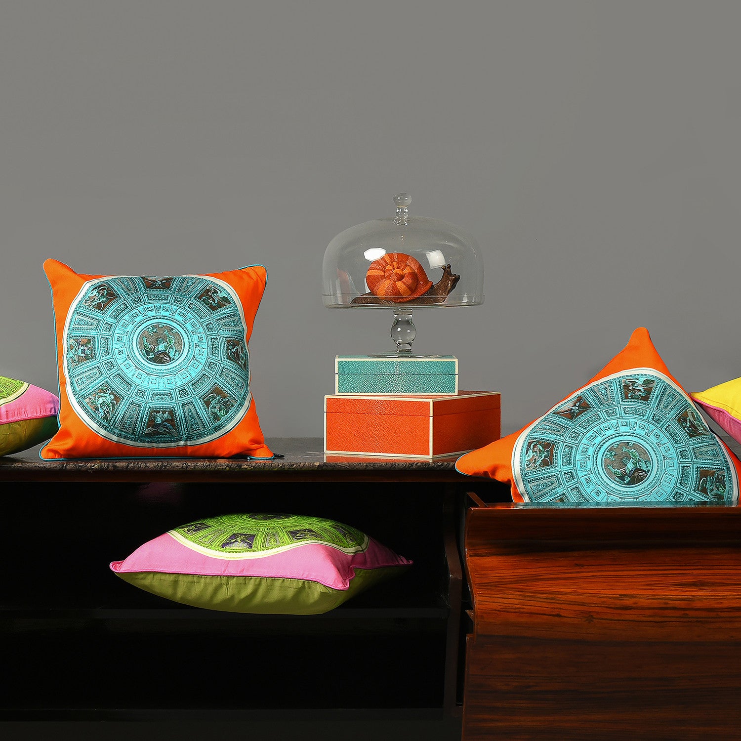 Silk twill orange & blue mosaic print cushion - Bivain - 2