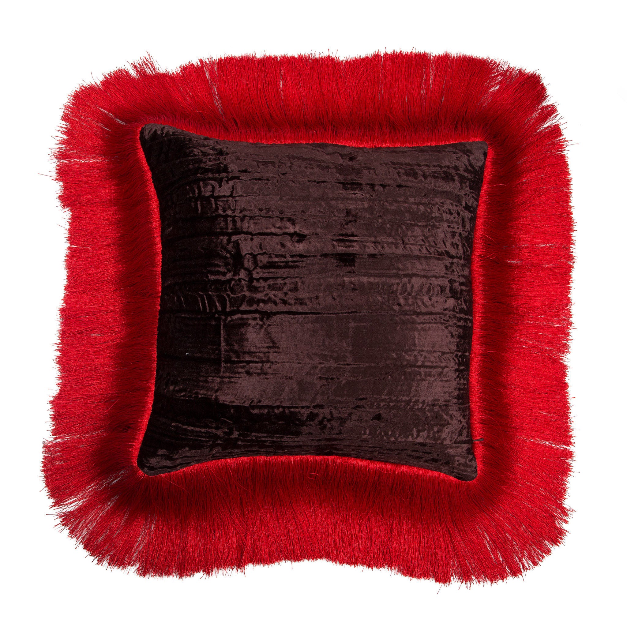 Silk twill and velvet red fringed cushion - Bivain - 3
