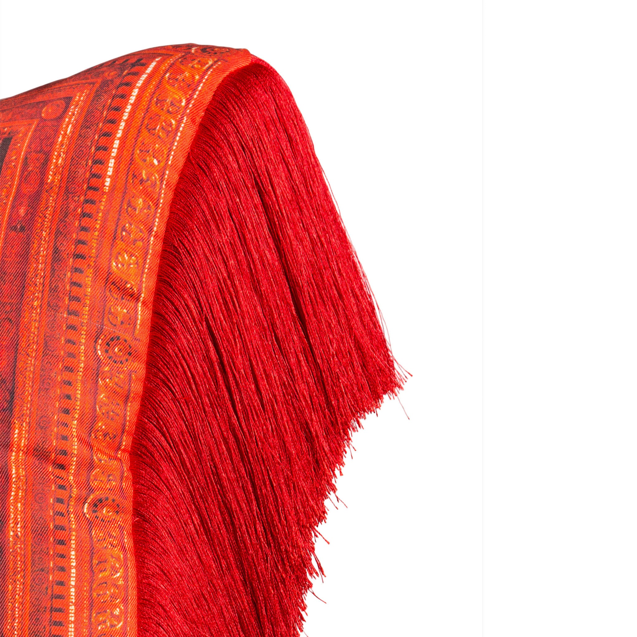 Silk twill and velvet red fringed cushion - Bivain - 5