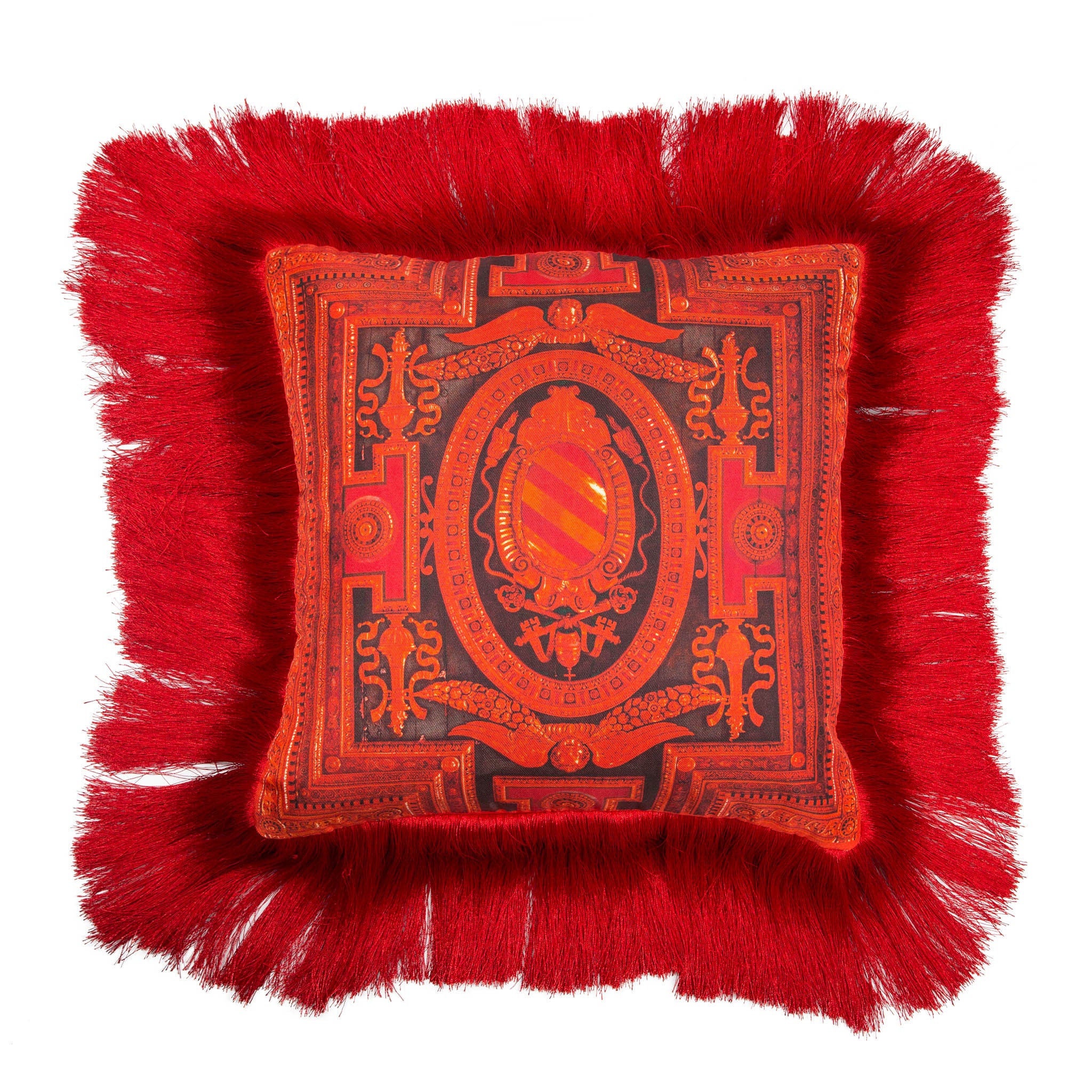 Silk twill and velvet red fringed cushion - Bivain - 1
