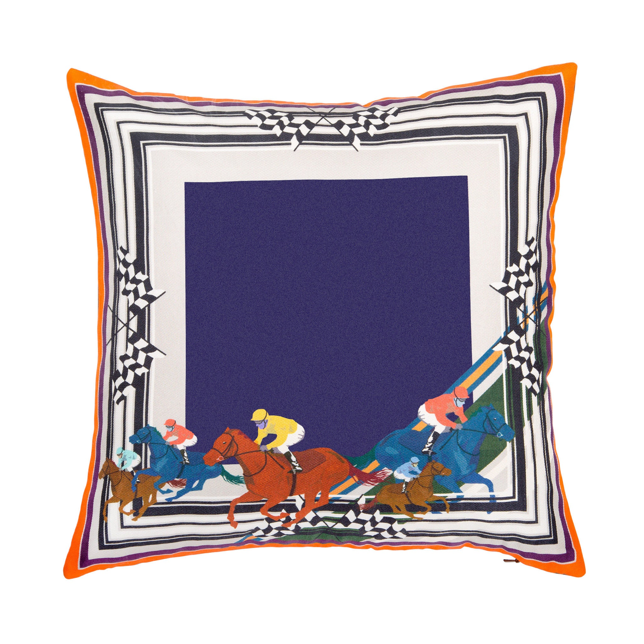 Silk twill and soft faux leather jockey print cushion - Bivain - 1