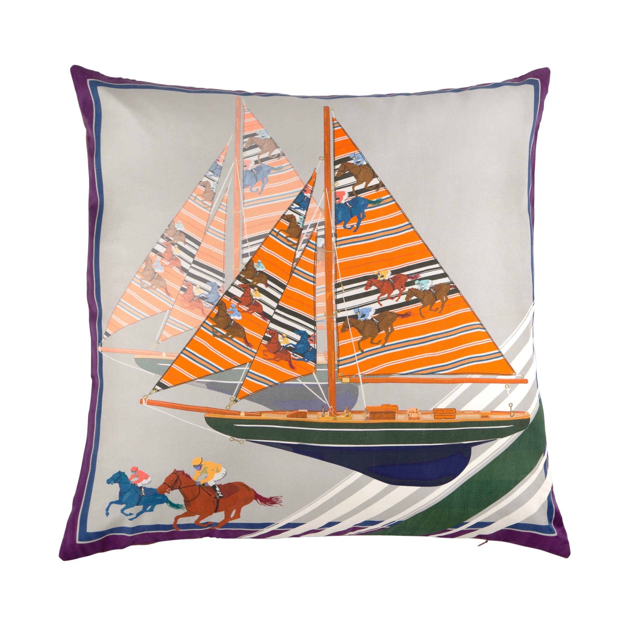 Silk twill and soft faux leather sailboat print cushion - Bivain - 1