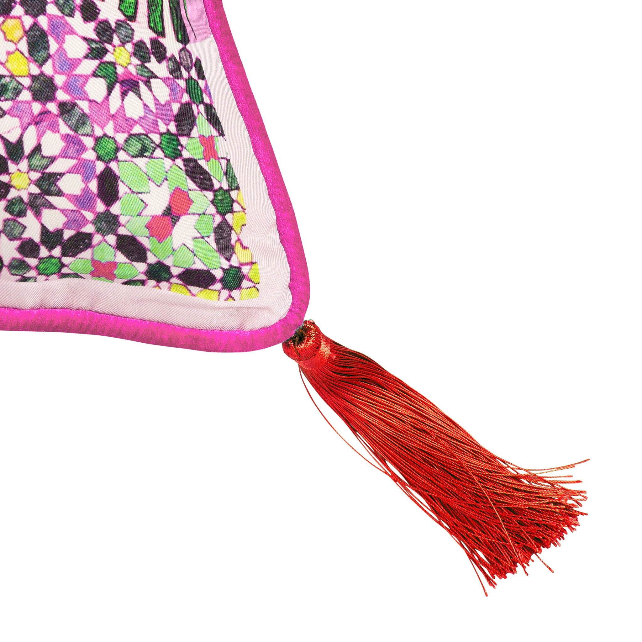 Zellige Ispahan Large Silk Cushion with red tassels