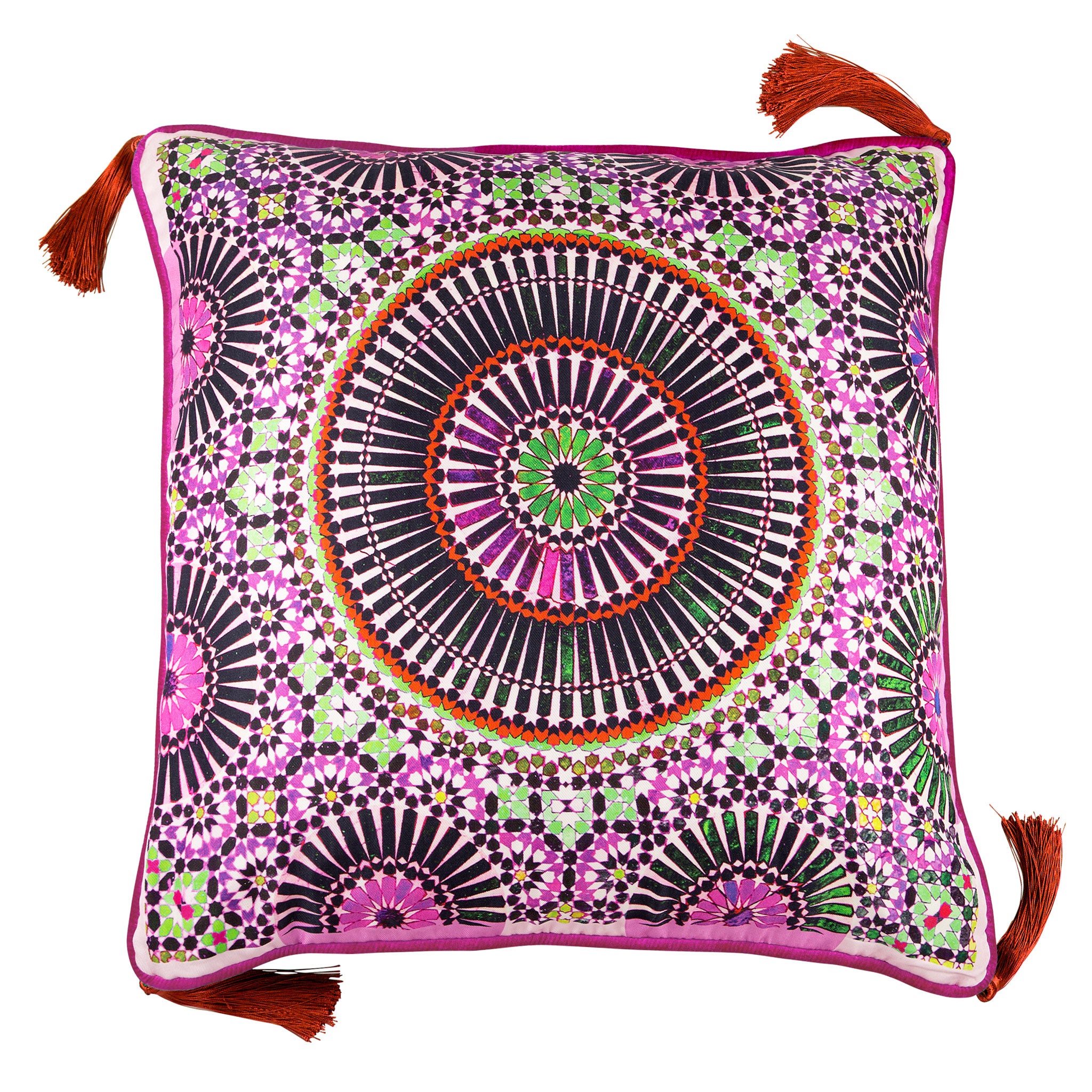Zellige Ispahan Large Silk Cushion with red tassels