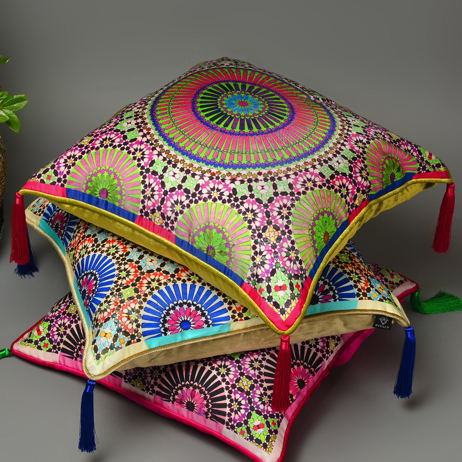 Silk twill and velvet zellige print Moroccan floor cushion - Bivain - 2