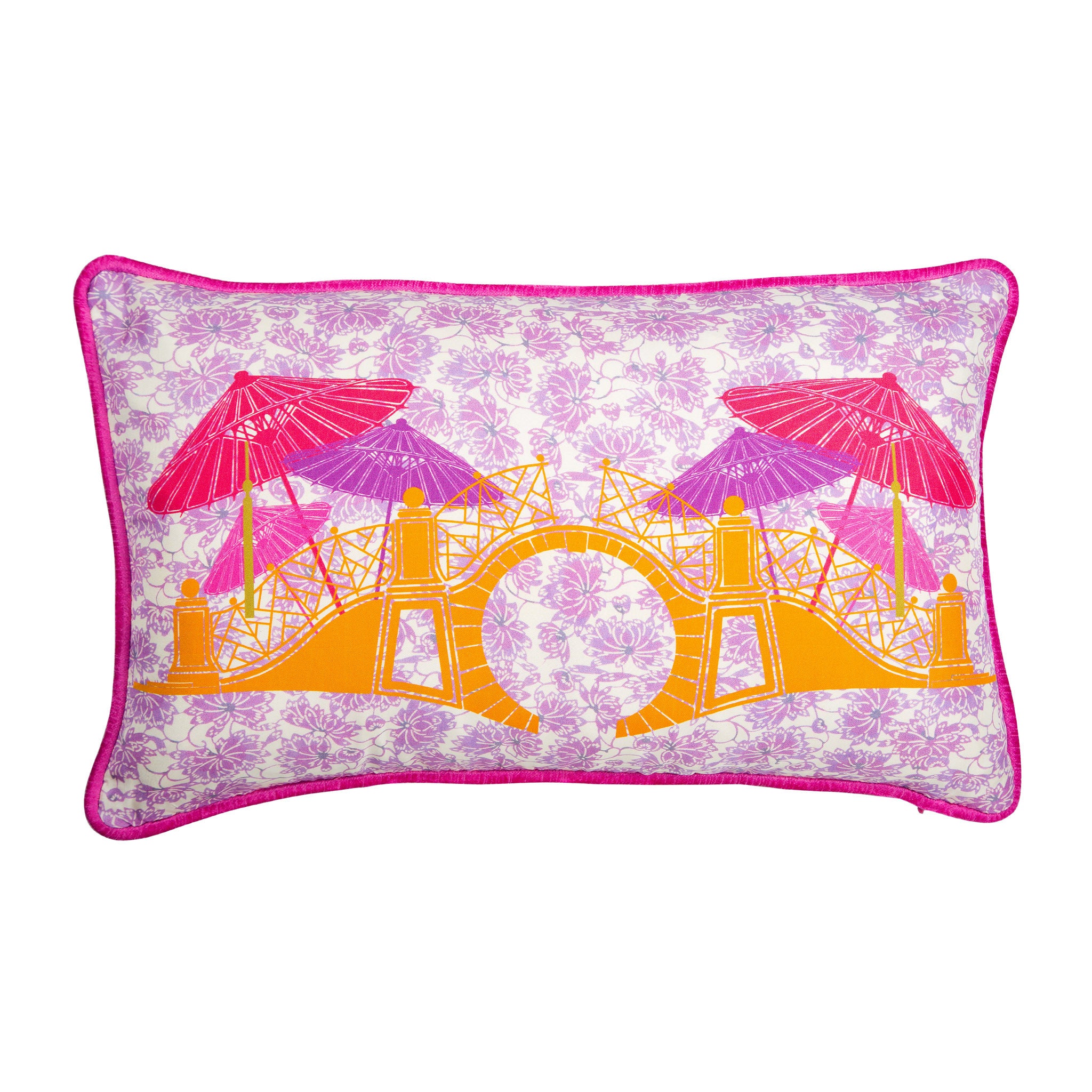 Silk twill and velvet lilac Japanese print cushion - Bivain - 1