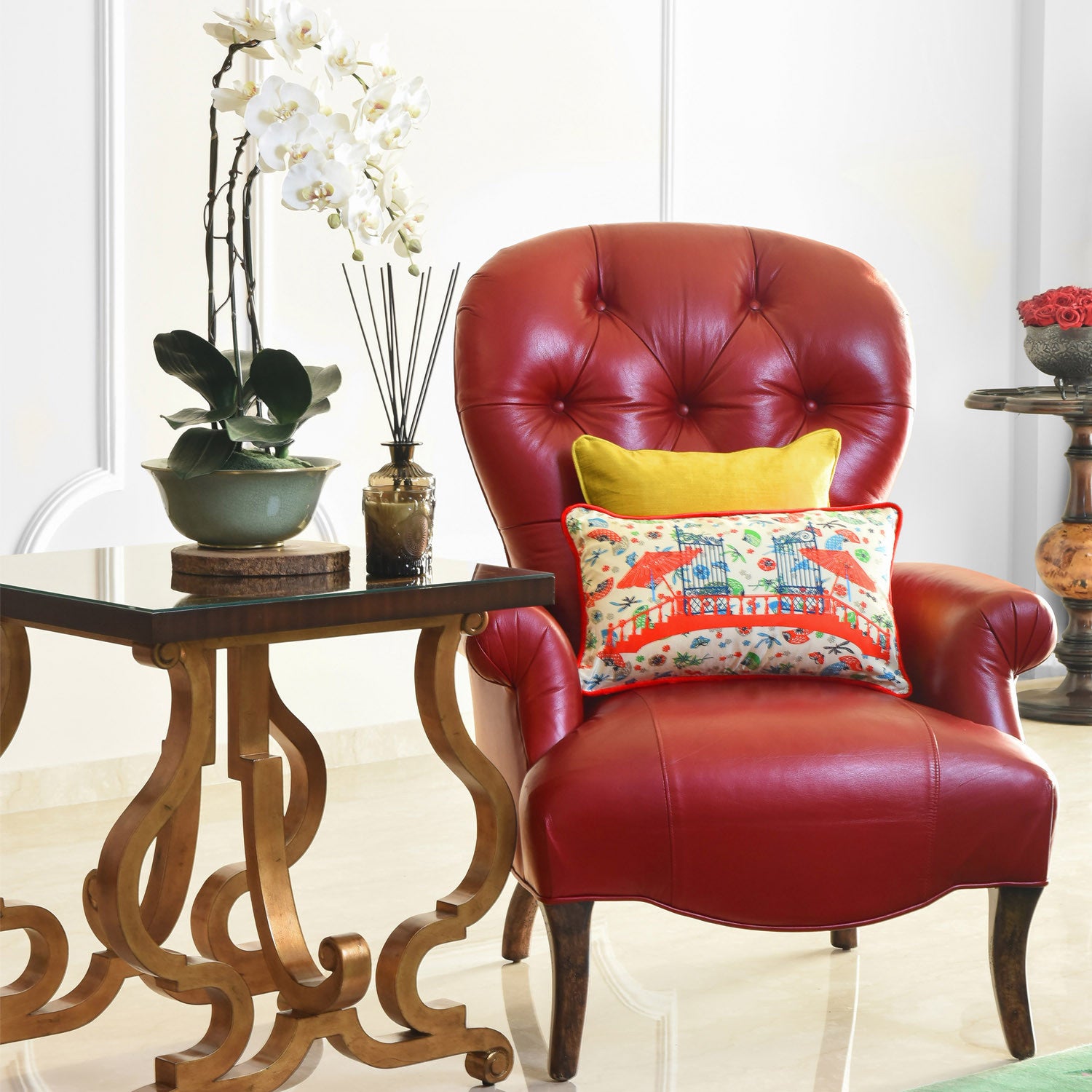 Silk twill and velvet red Japanese print cushion - Bivain - 2