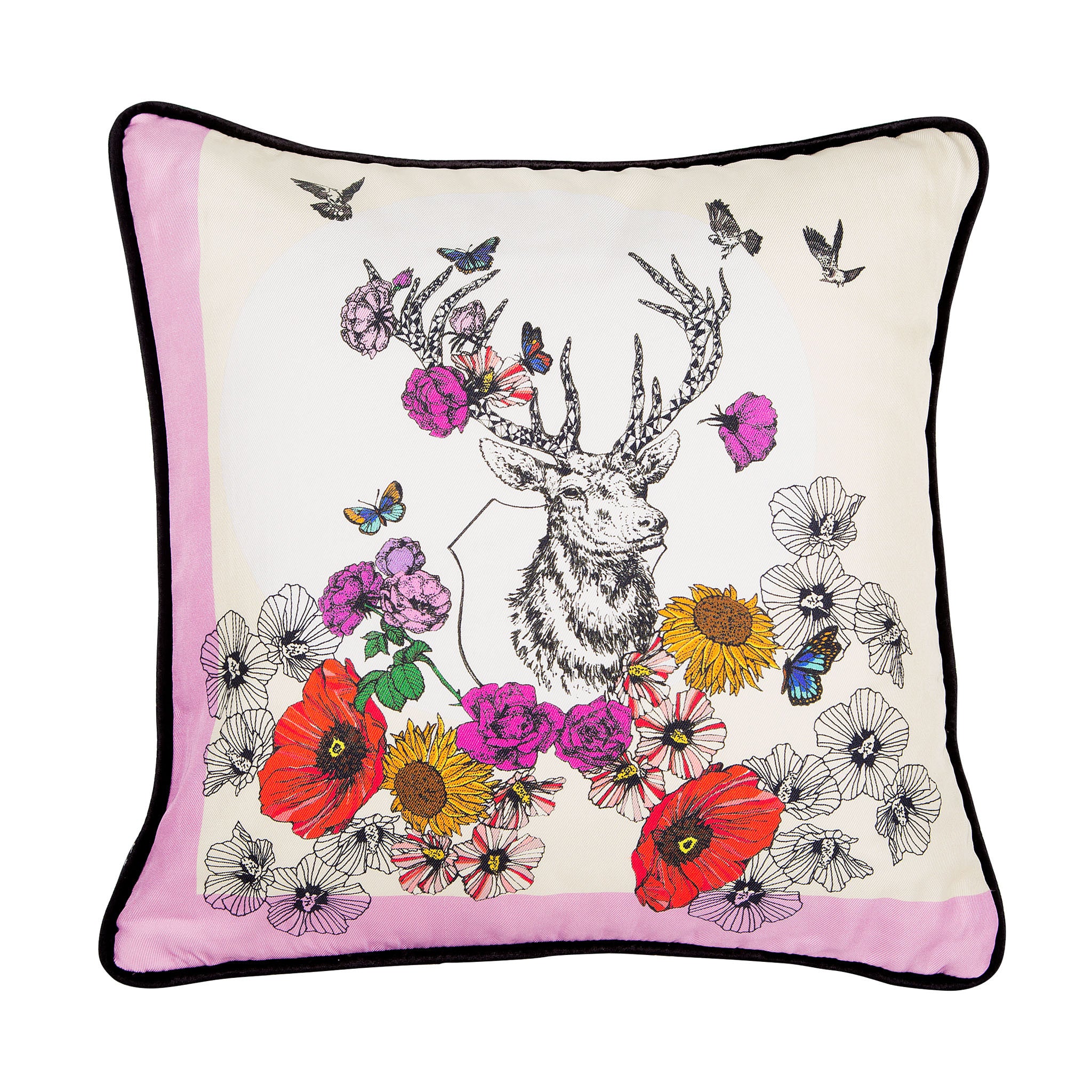 Silk twill and velvet floral print cushion - Bivain - 1