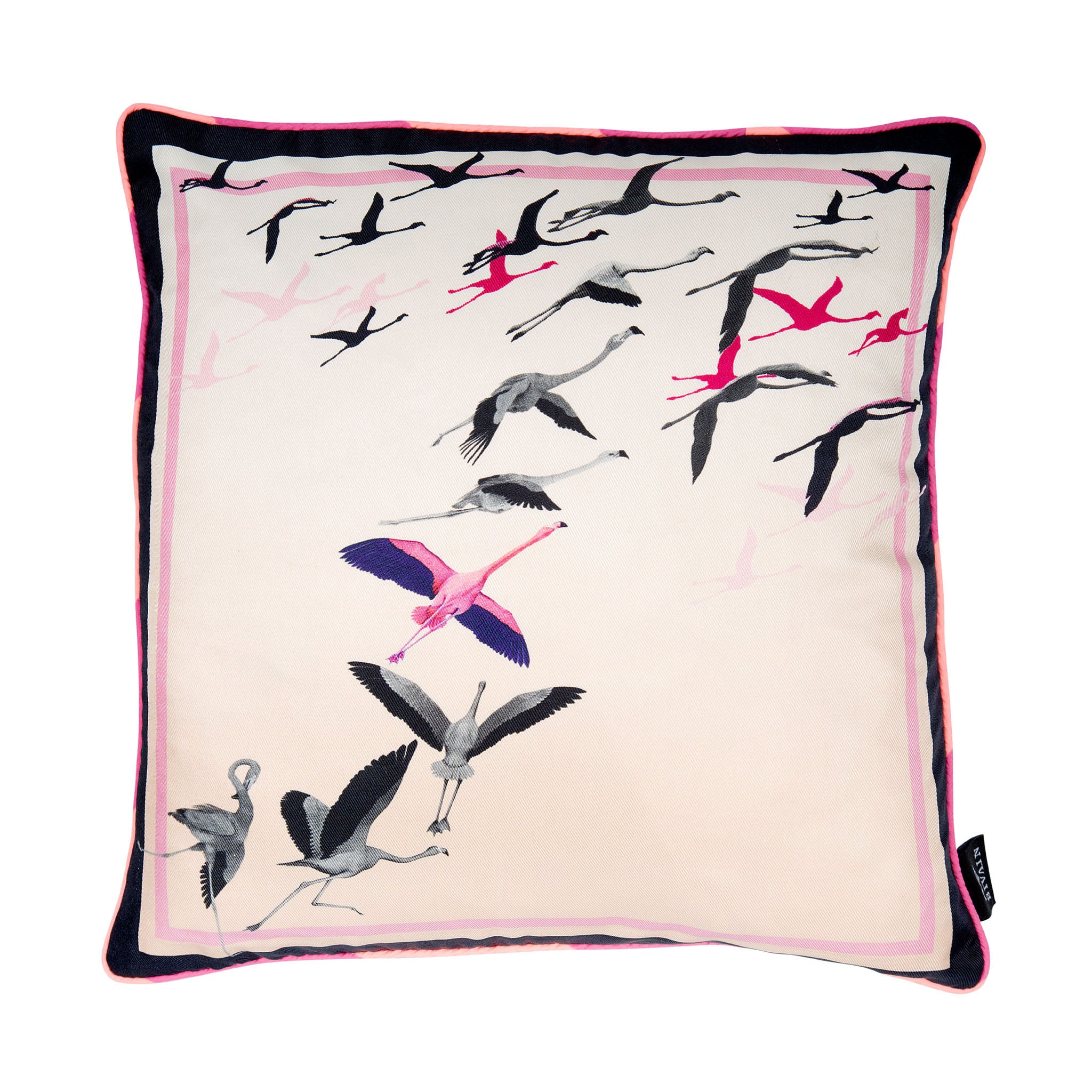 Silk twill and velvet flamingo print cushion - Bivain - 1
