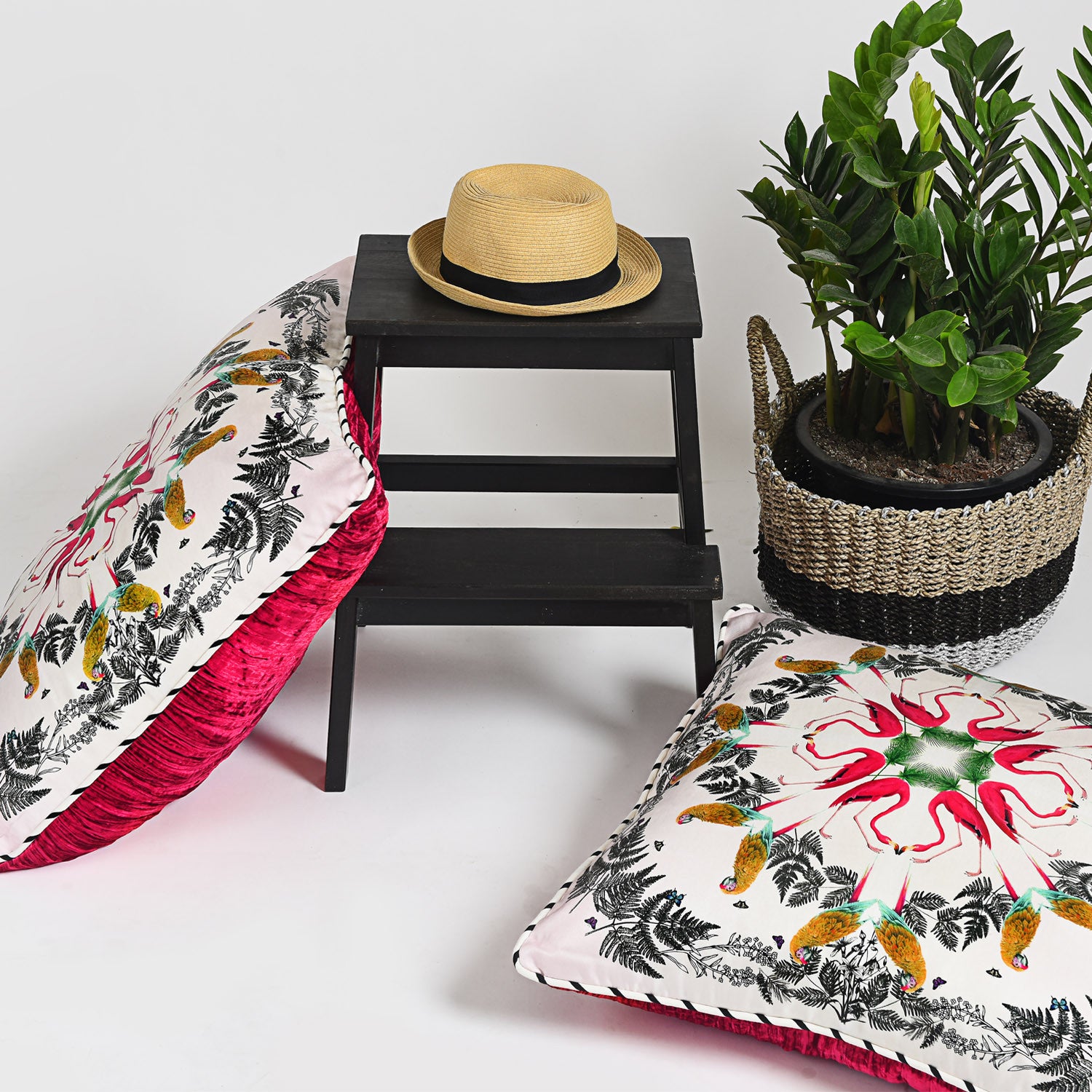 Silk twill and velvet tropical bird print cushion - Bivain - 2