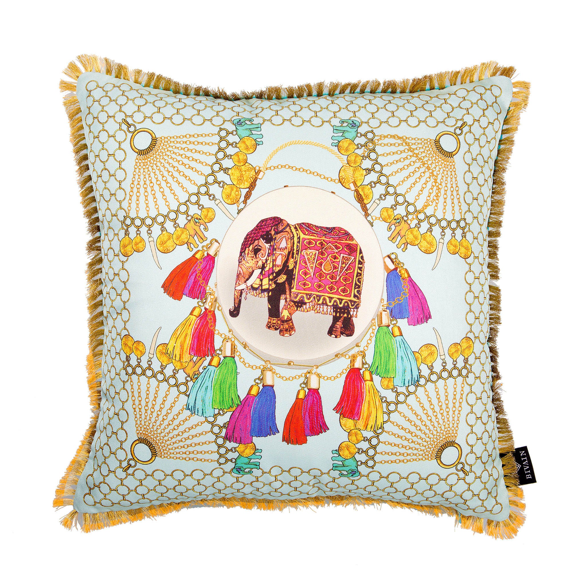 Silk twill and velvet Indian elephant print cushion - Bivain - 1