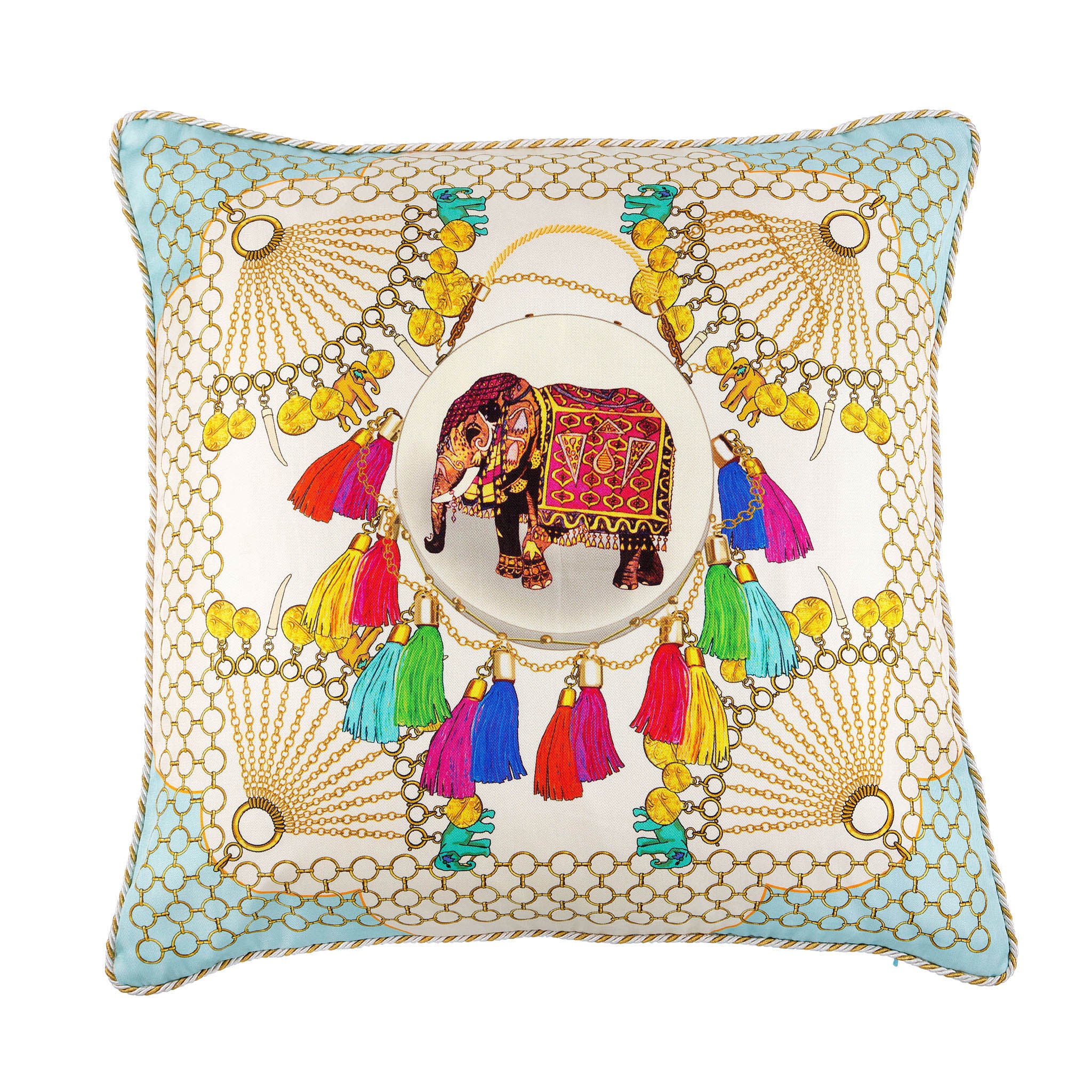 Silk twill and velvet Indian elephant print cushion - Bivain - 1