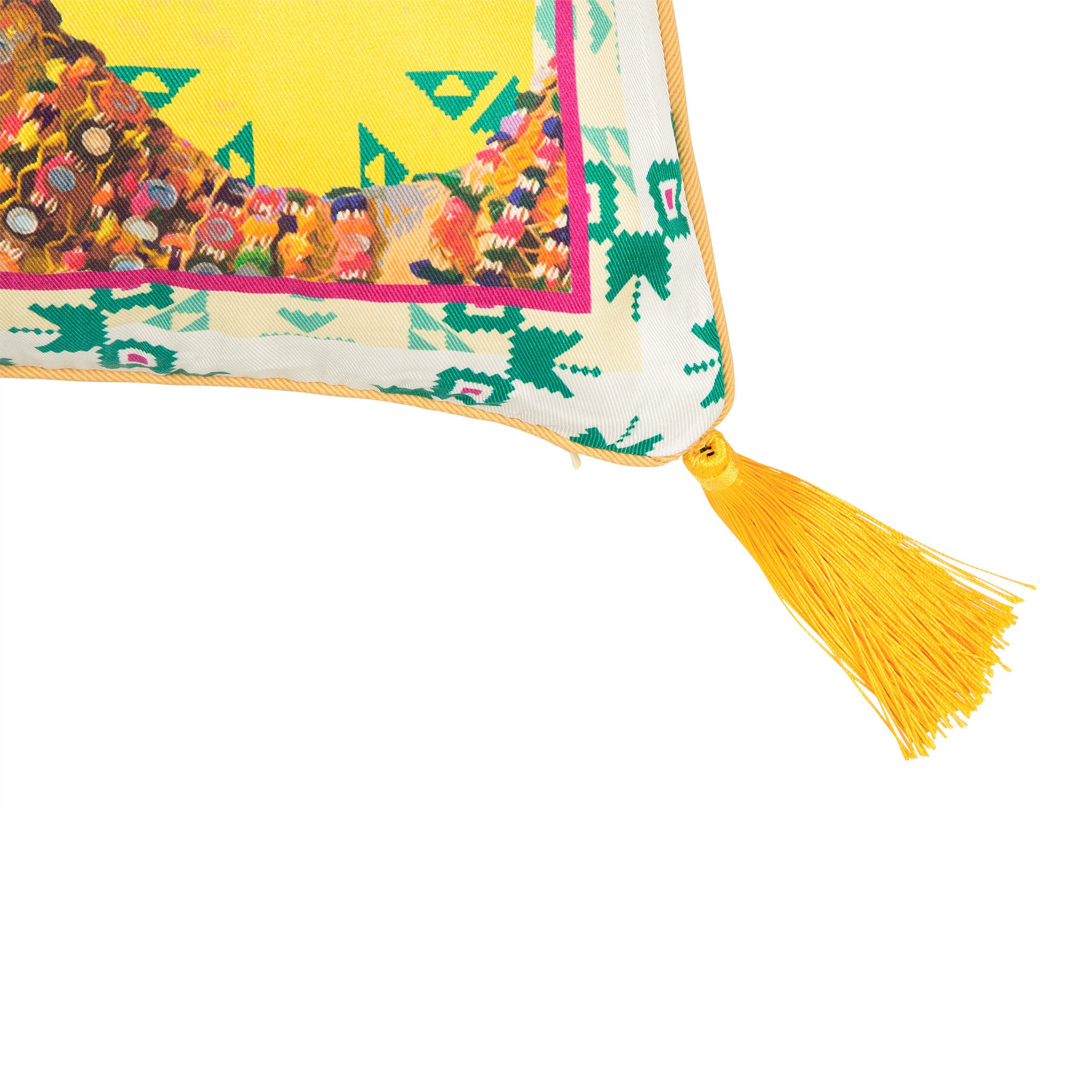 Silk twill and velvet Indian camel print tasselled cushion - Bivain - 4