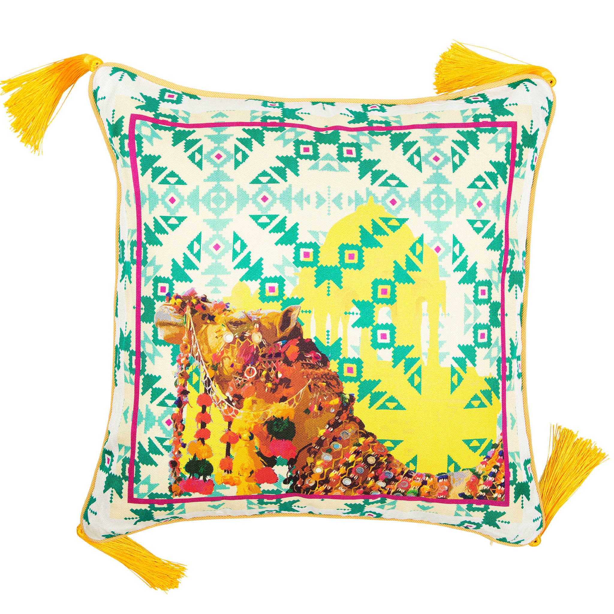 Silk twill and velvet Indian camel print tasselled cushion - Bivain - 1