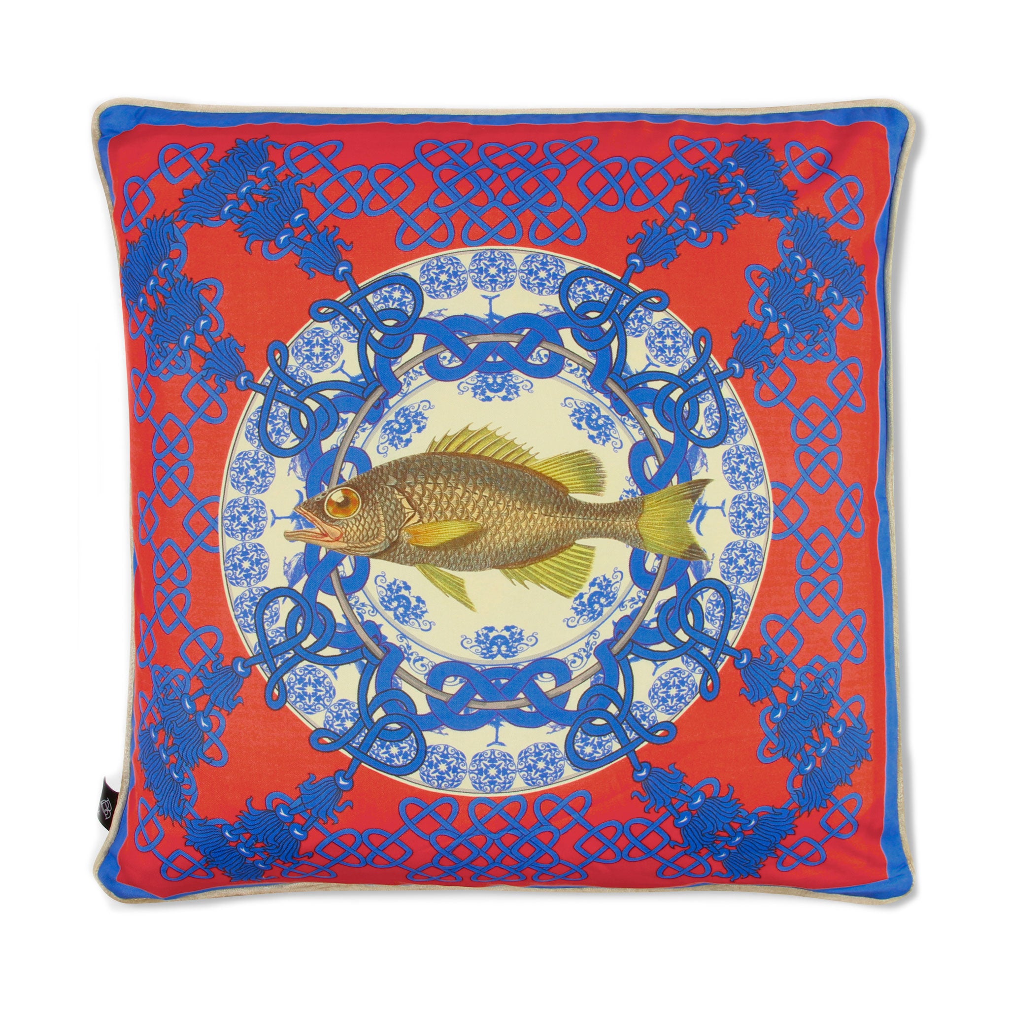 Silk twill and velvet fish print red cushion - Bivain - 1