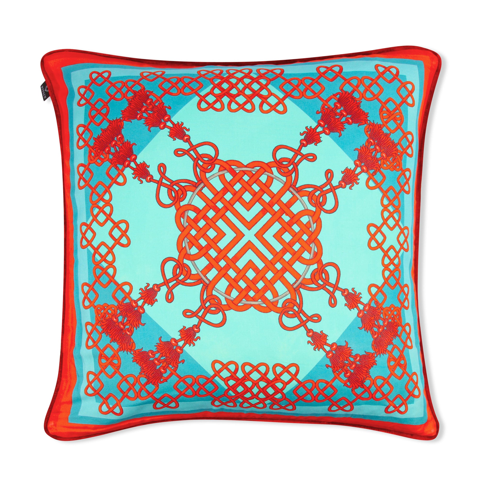 Silk twill and velvet Chinese knot print cushion - Bivain - 1