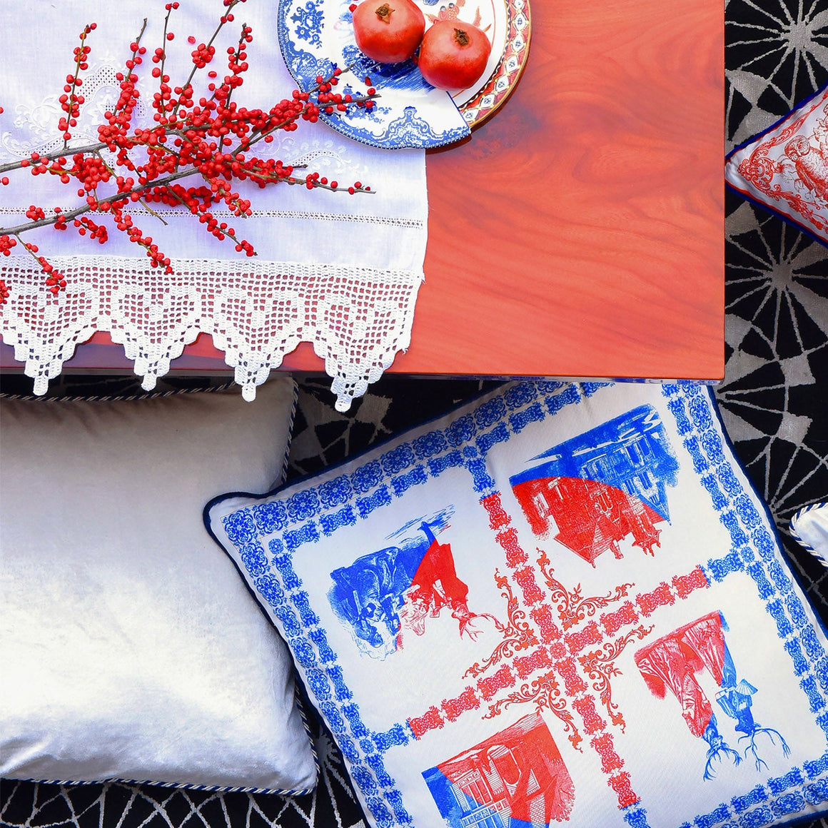 Bivain Folk print blue and white silk cushion