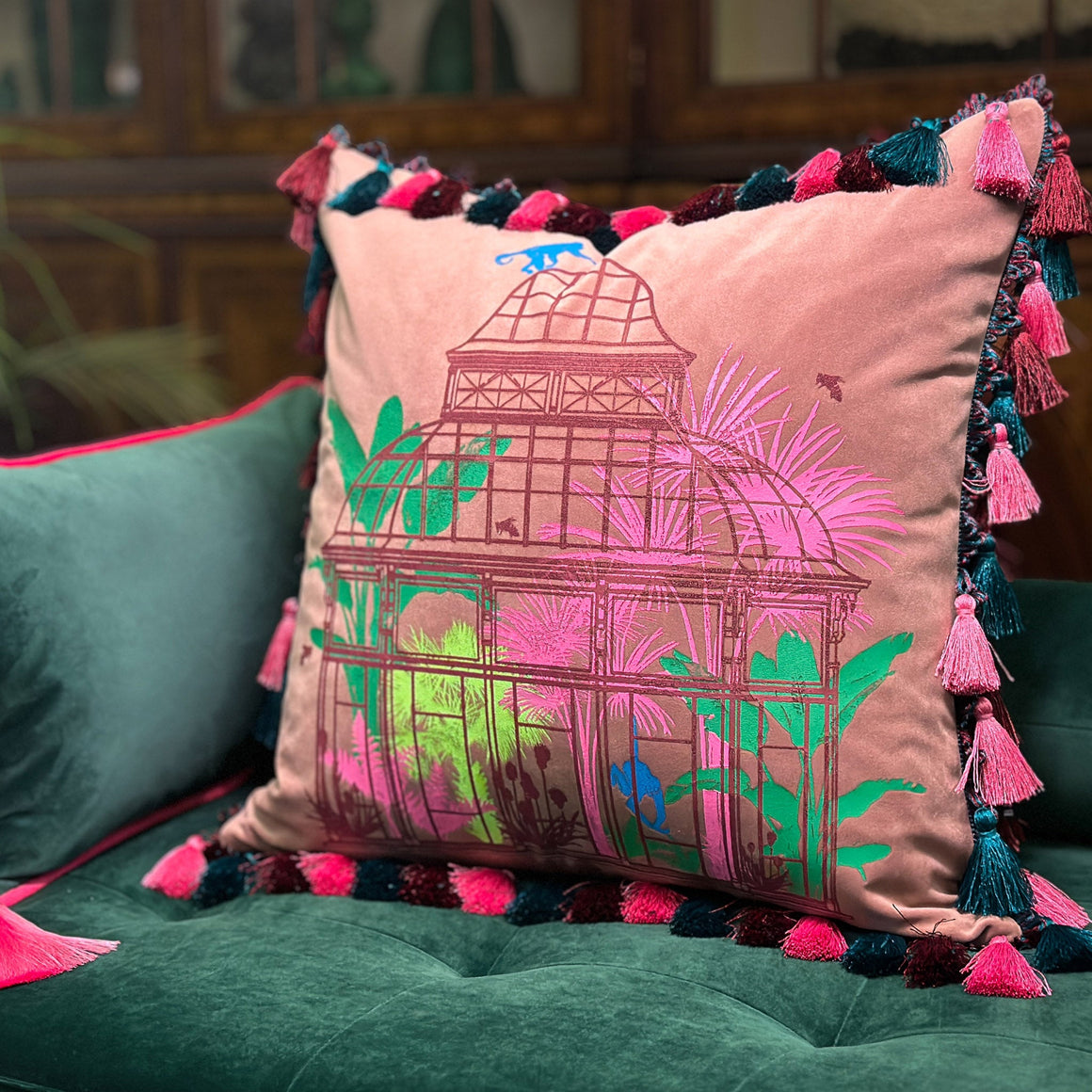 Bivain Belvedere pink plant print velvet cushion