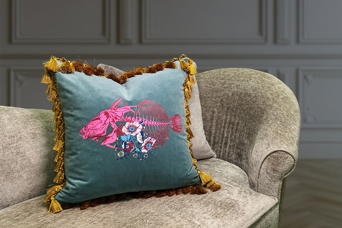 Bivain teal fish print eccentric velvet scatter cushion
