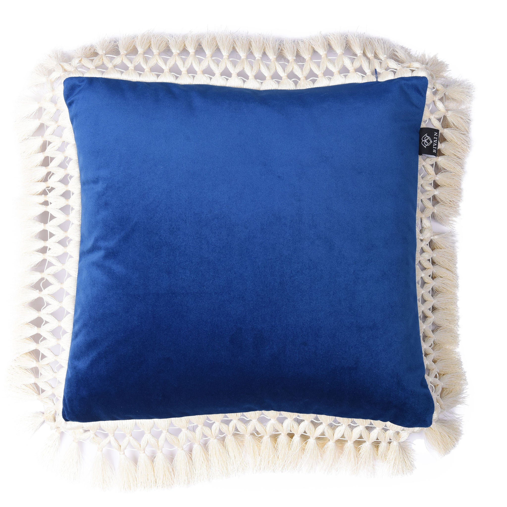 Indigo & Pale Blue Oriental Velvet Cushion with Ivory Fringe