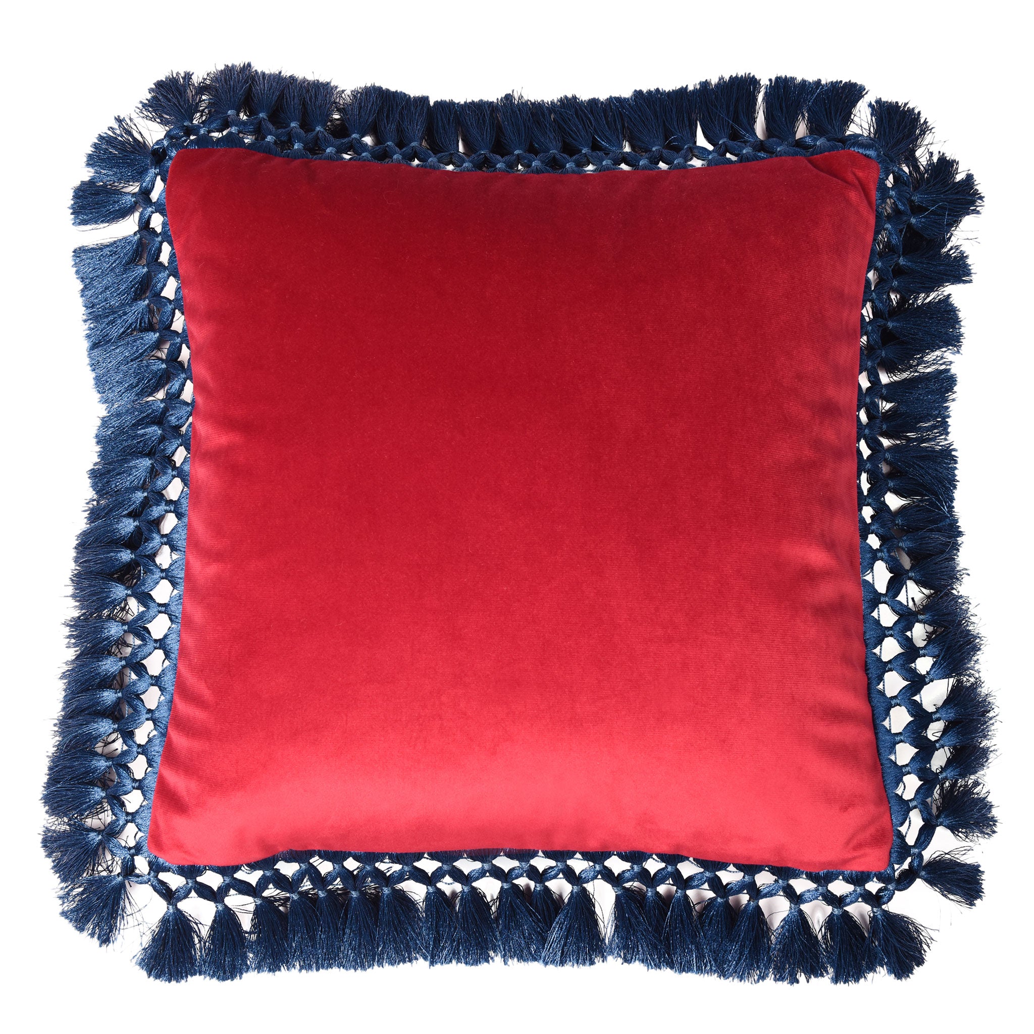 Ruby & Blush Oriental Velvet Cushion with Blue Fringe
