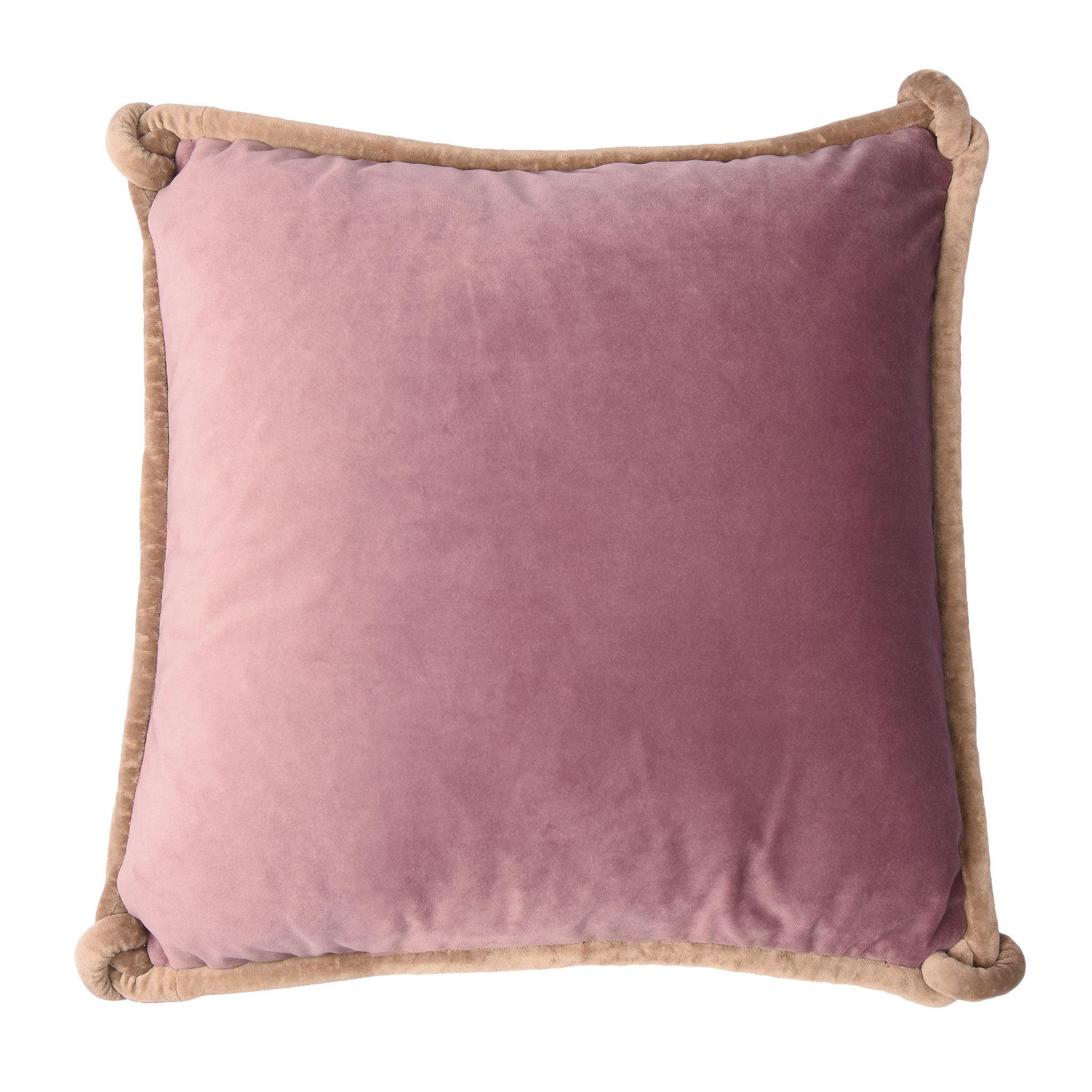 Raspberry & Lilac Velvet Cushion with Taupe Piping