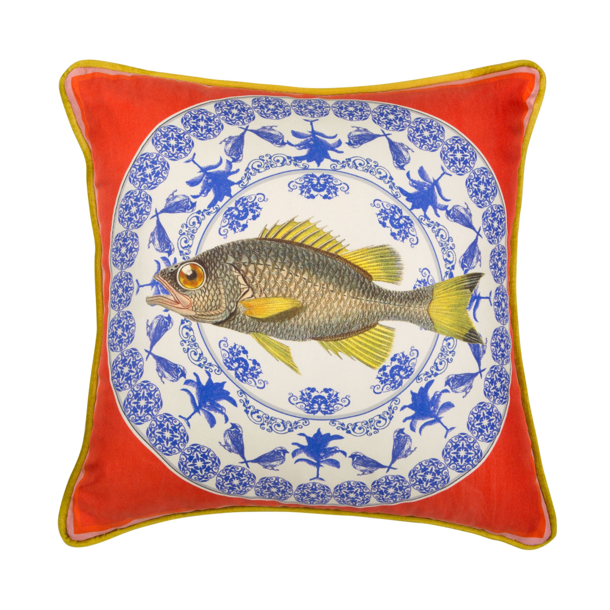 Silk twill and velvet red porcelain and fish print cushion - Bivain - 1