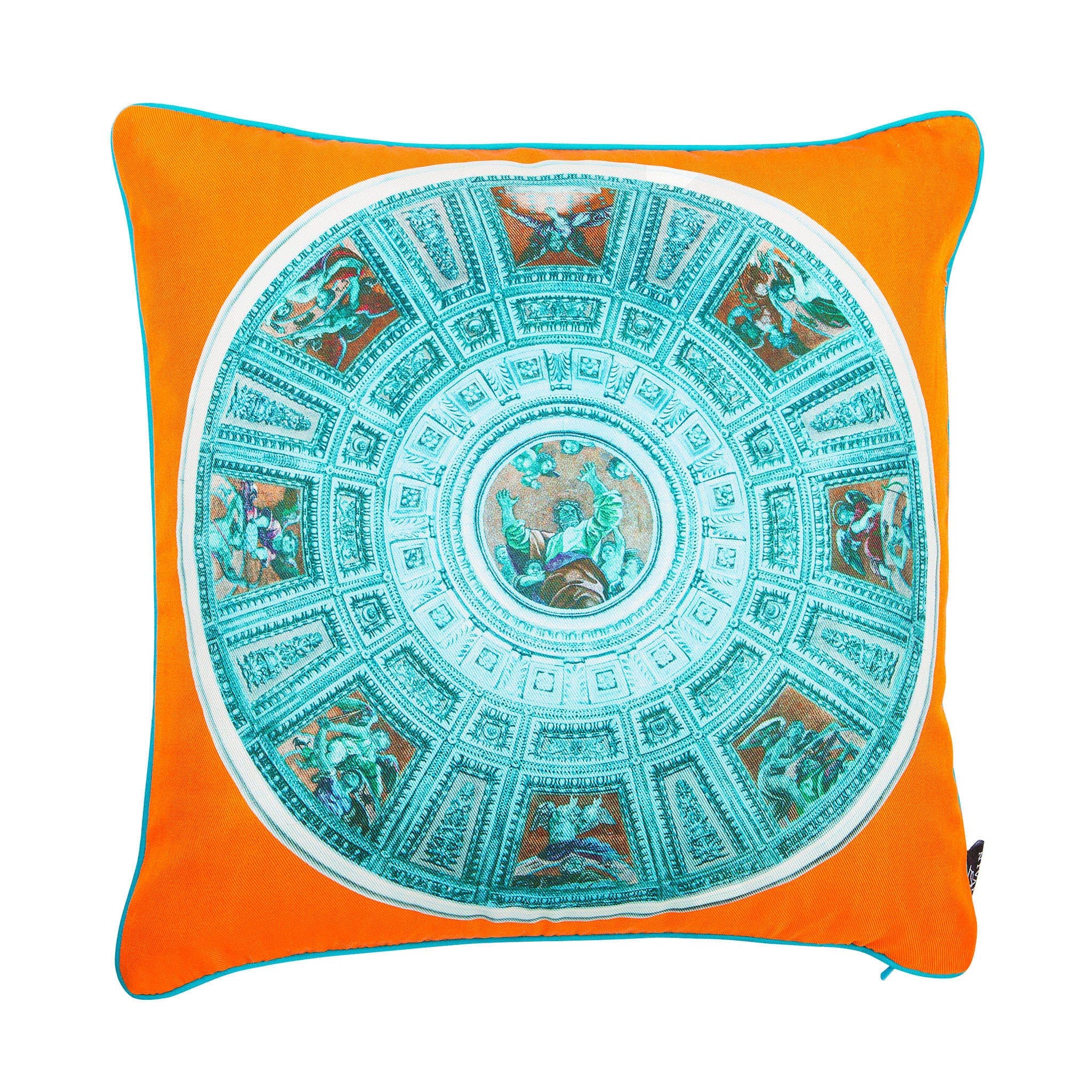 Silk twill orange & blue mosaic print cushion - Bivain - 1