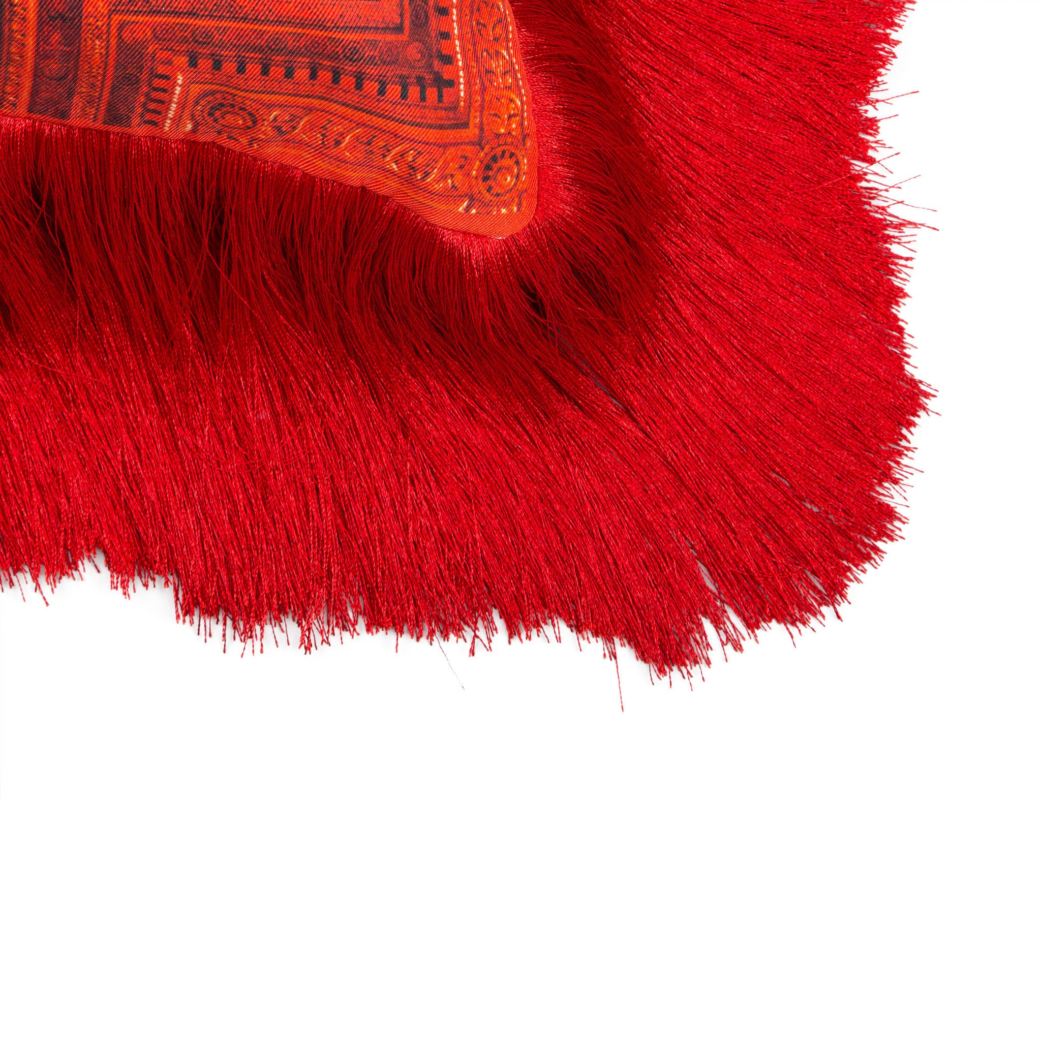 Silk twill and velvet red fringed cushion - Bivain - 4