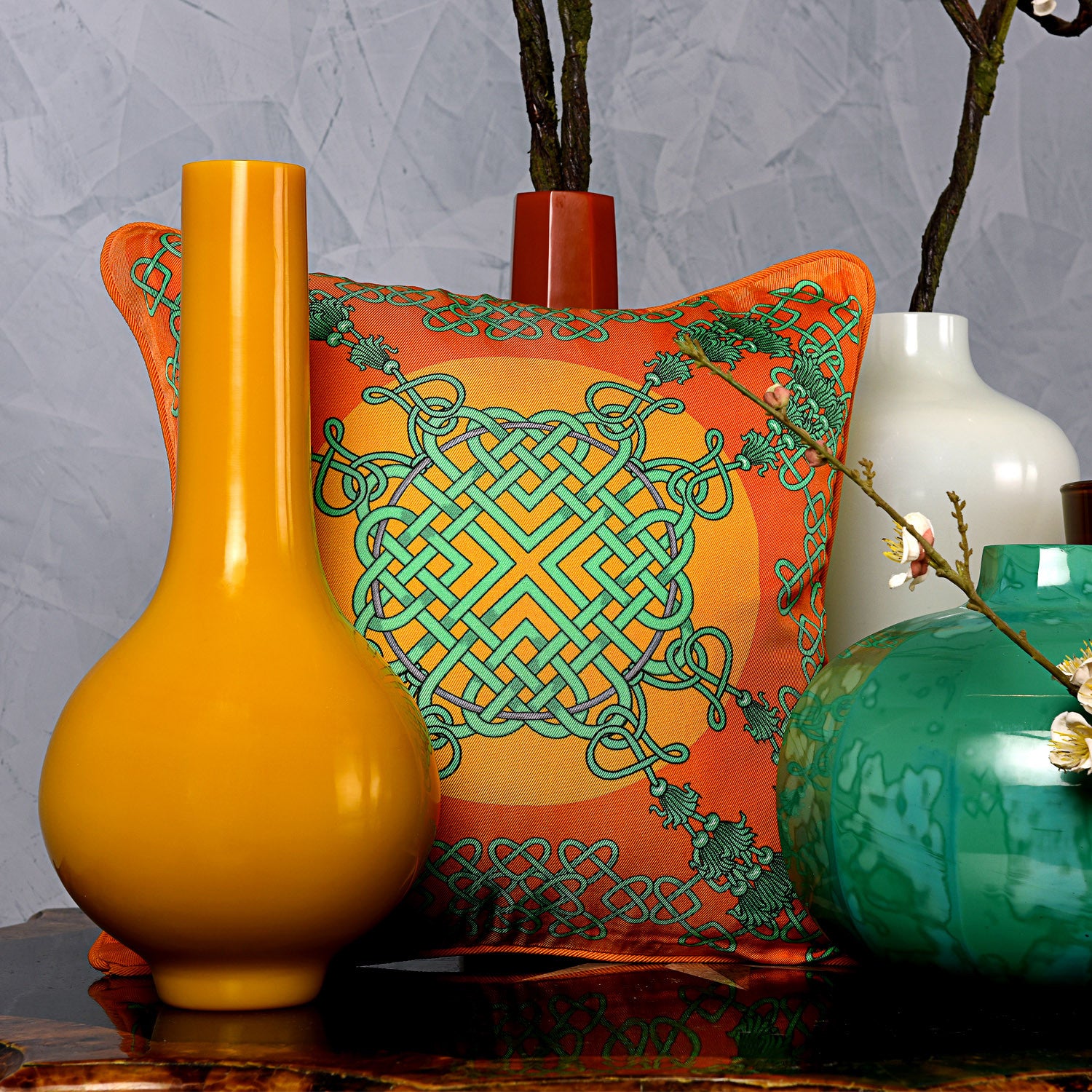 Silk twill orange & green Chinese knot print cushion - Bivain - 2