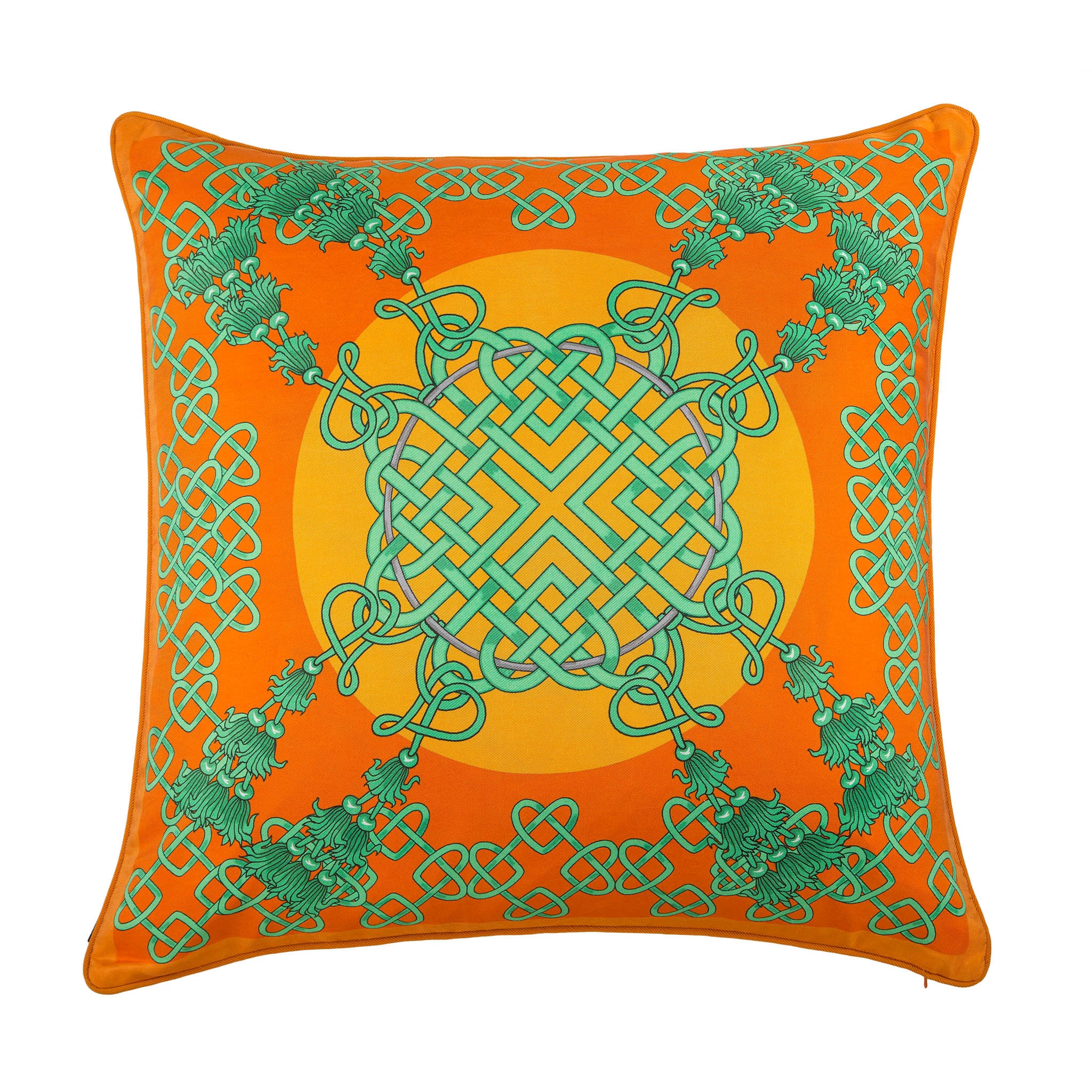 Silk twill orange & green Chinese knot print cushion - Bivain - 1