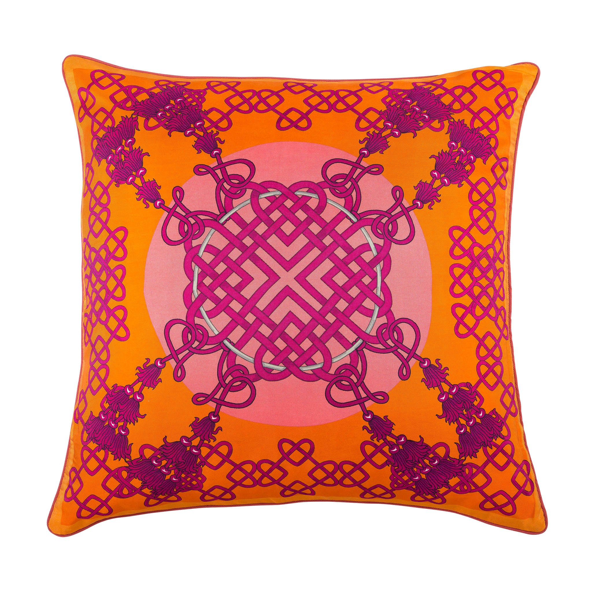 Silk twill orange & purple Chinese knot print cushion - Bivain - 1