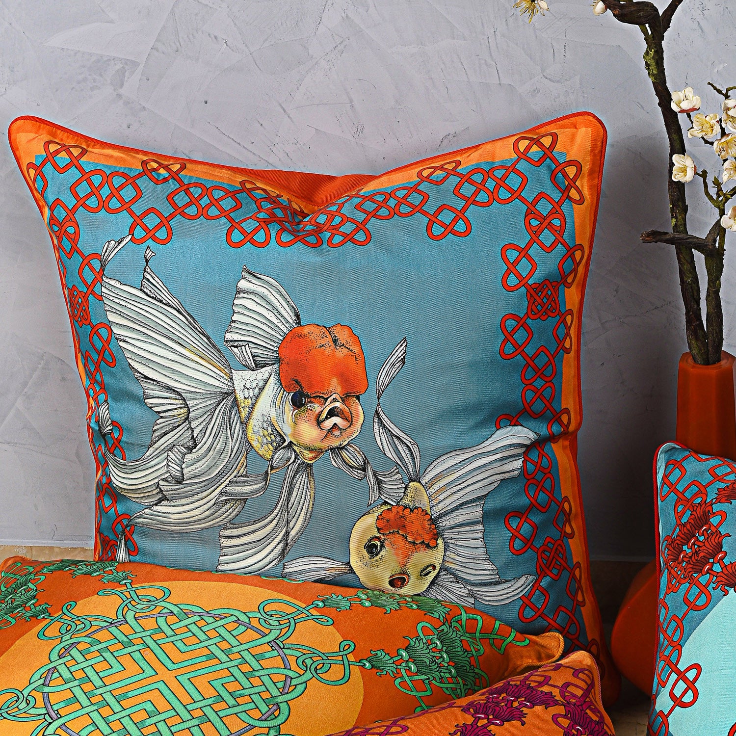 Silk twill orange & blue fish print cushion - Bivain - 2