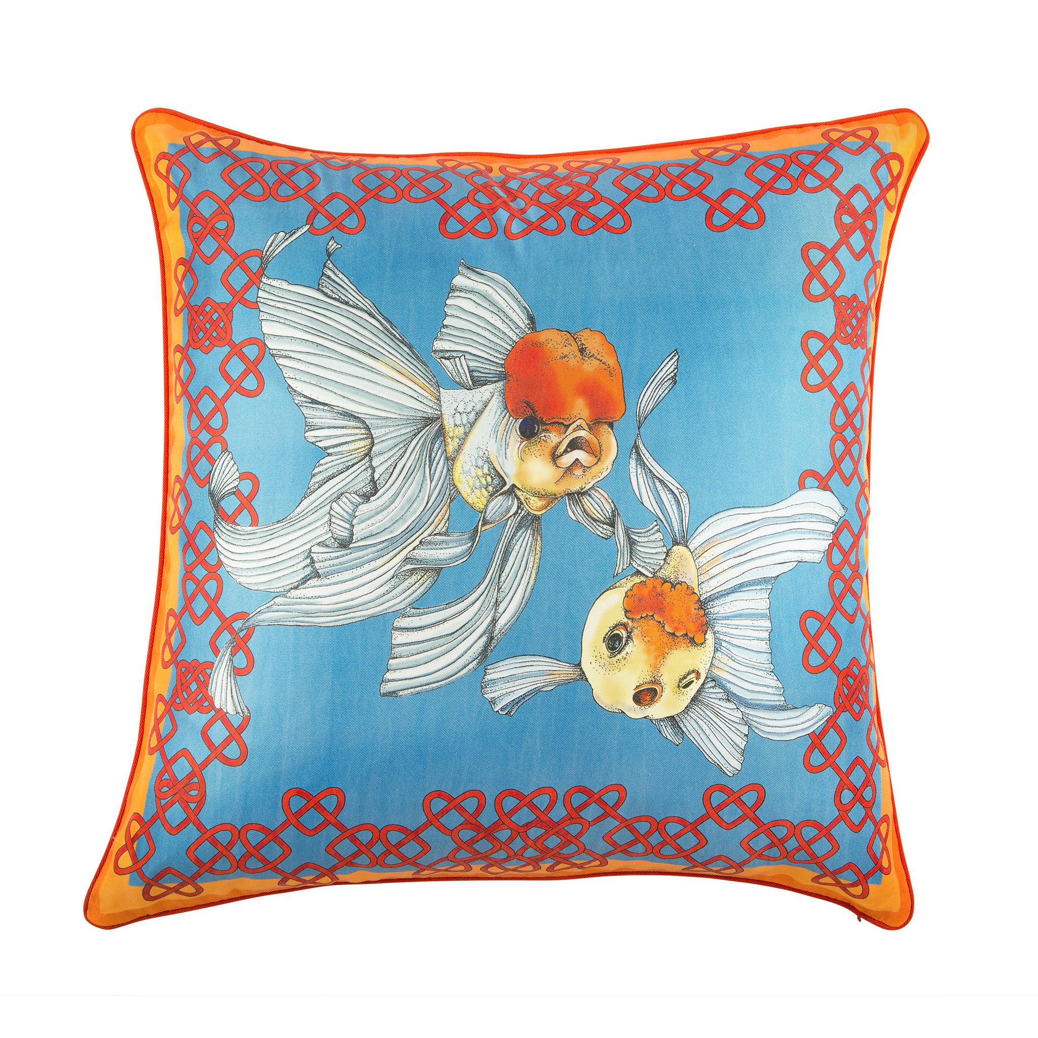 Silk twill orange & blue fish print cushion - Bivain - 1