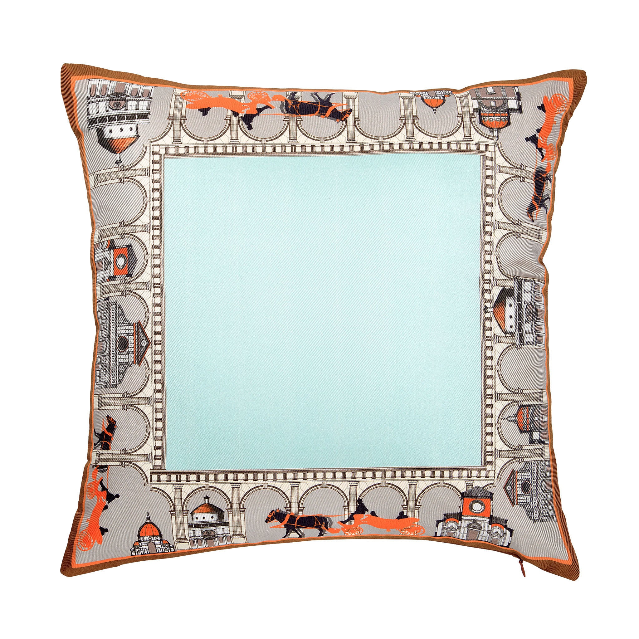 Silk twill and faux leather architectural print cushion - Bivain - 1