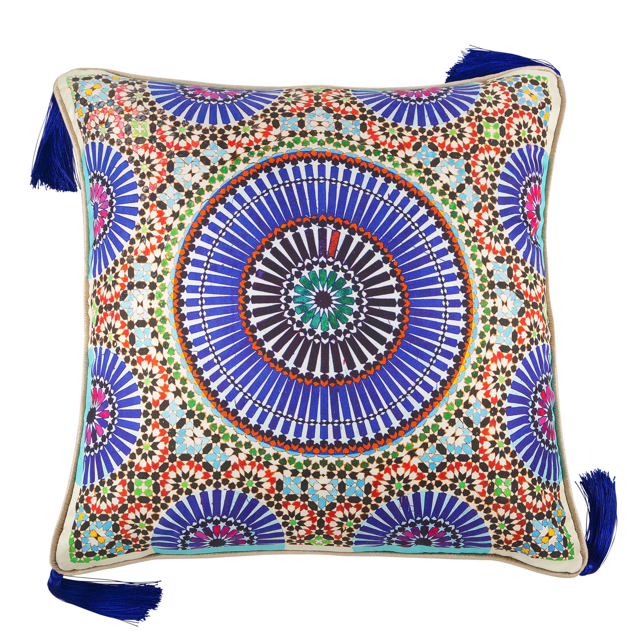 Silk twill and velvet zellige print Moroccan floor cushion - Bivain - 1