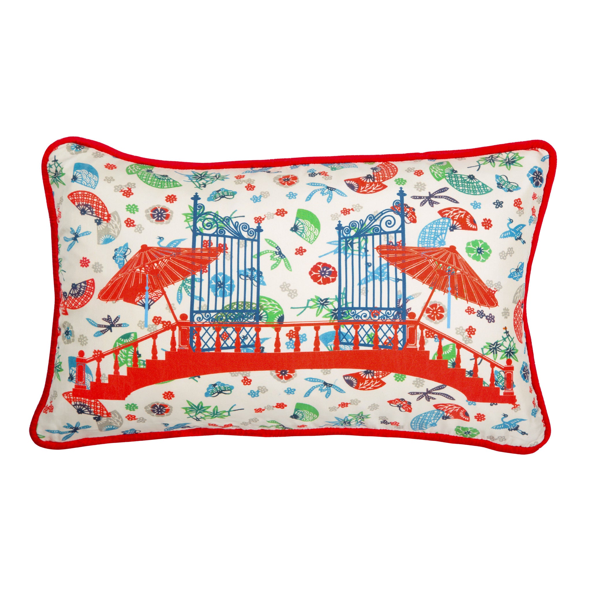 Silk twill and velvet red Japanese print cushion - Bivain - 1