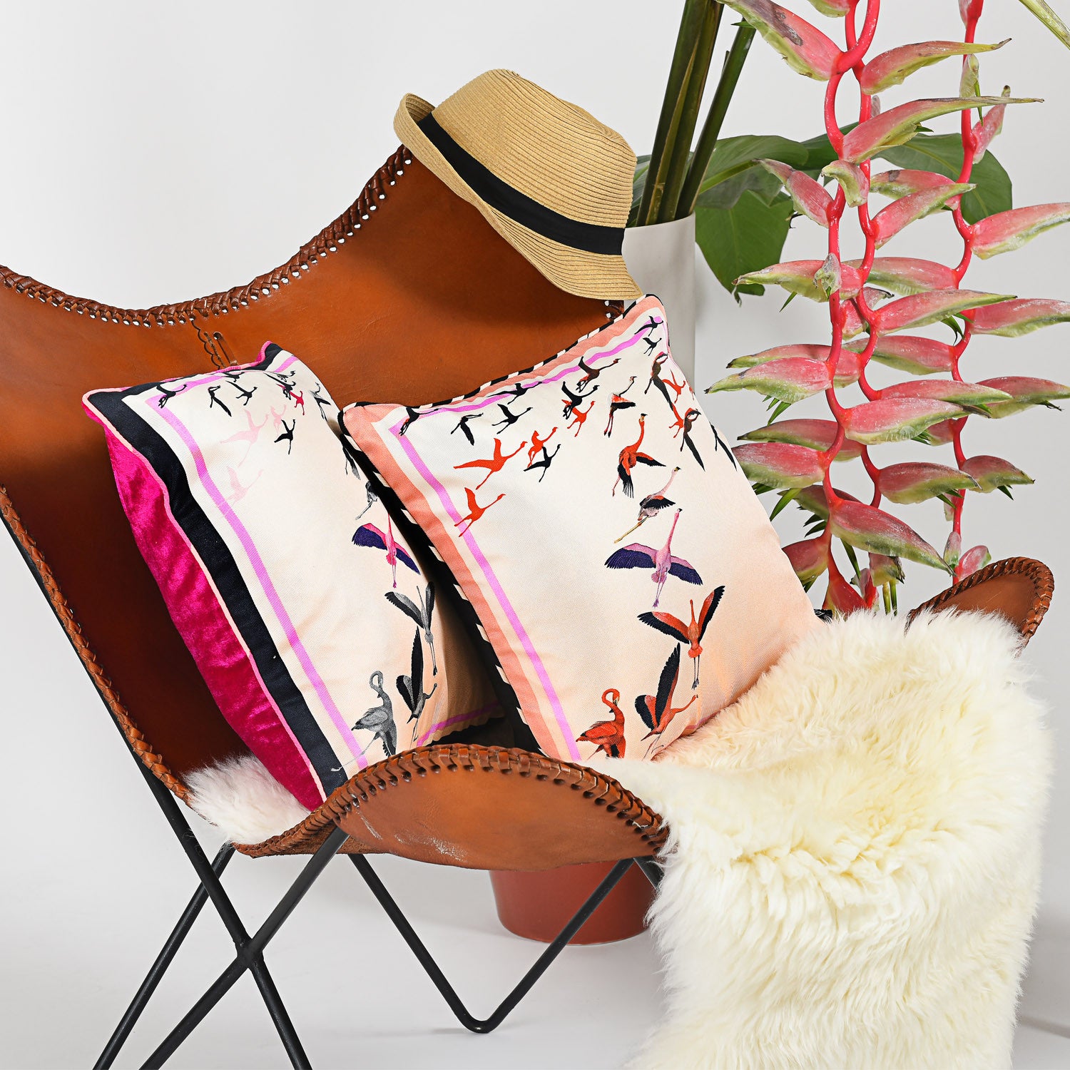 Silk twill and velvet flamingo print cushion - Bivain - 2