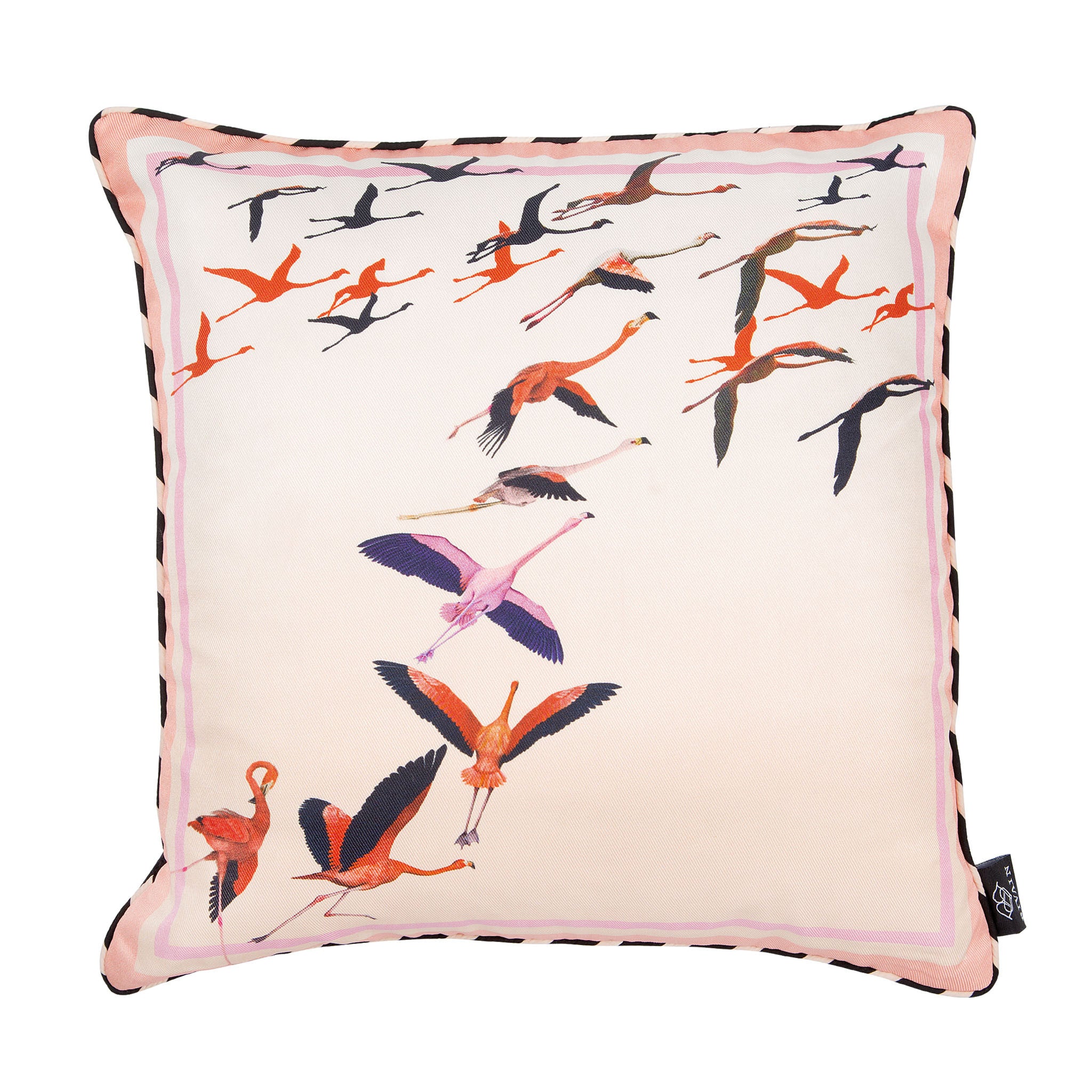 Silk twill and velvet flamingo print cushion - Bivain - 1